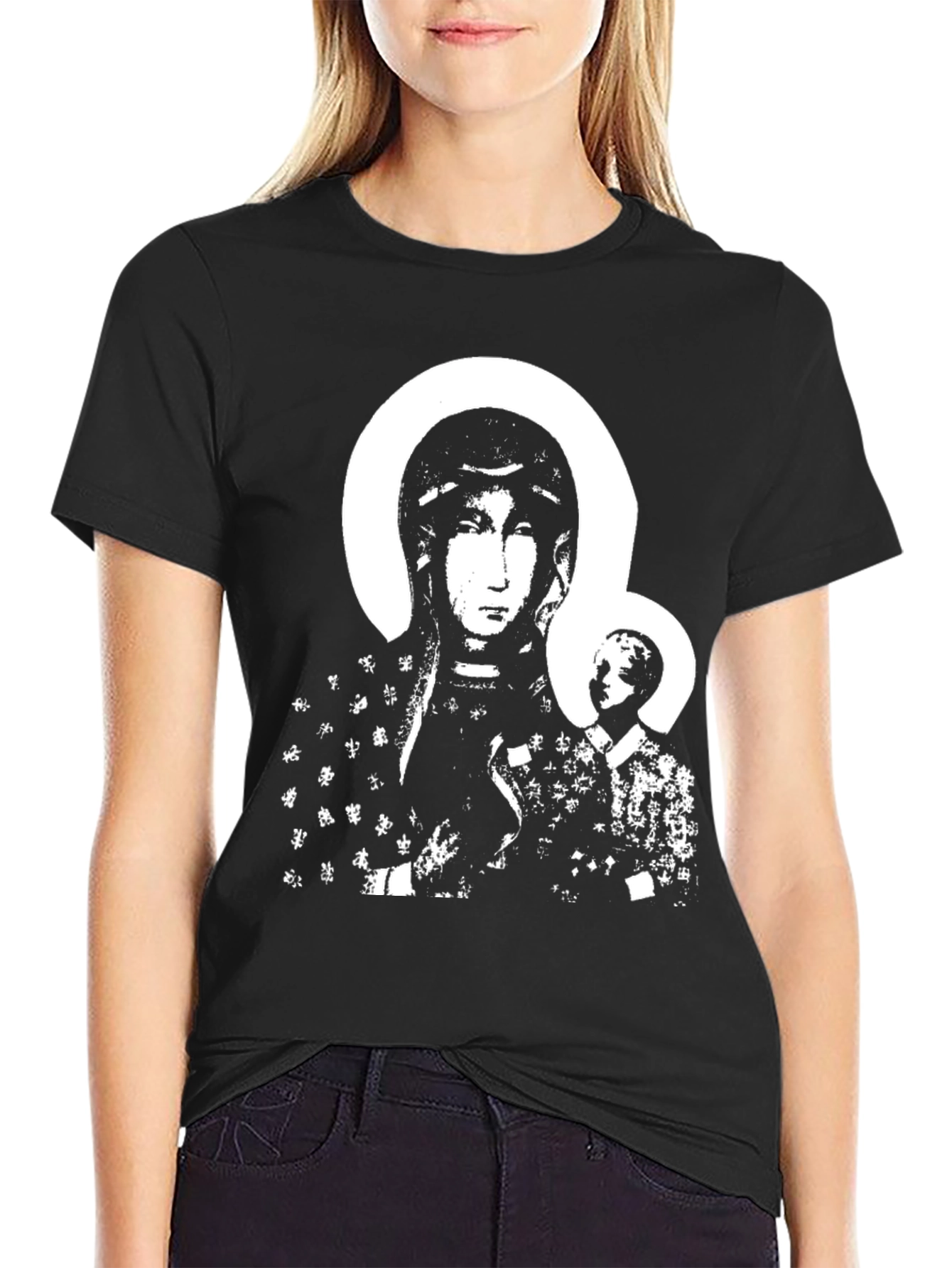 Black T-Shirt with Religious Icon Print
