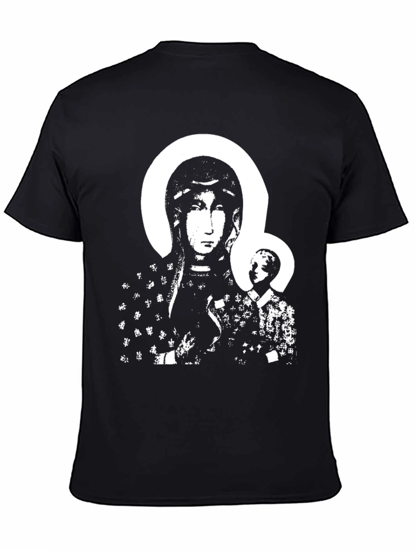 Black T-Shirt with Religious Icon Print