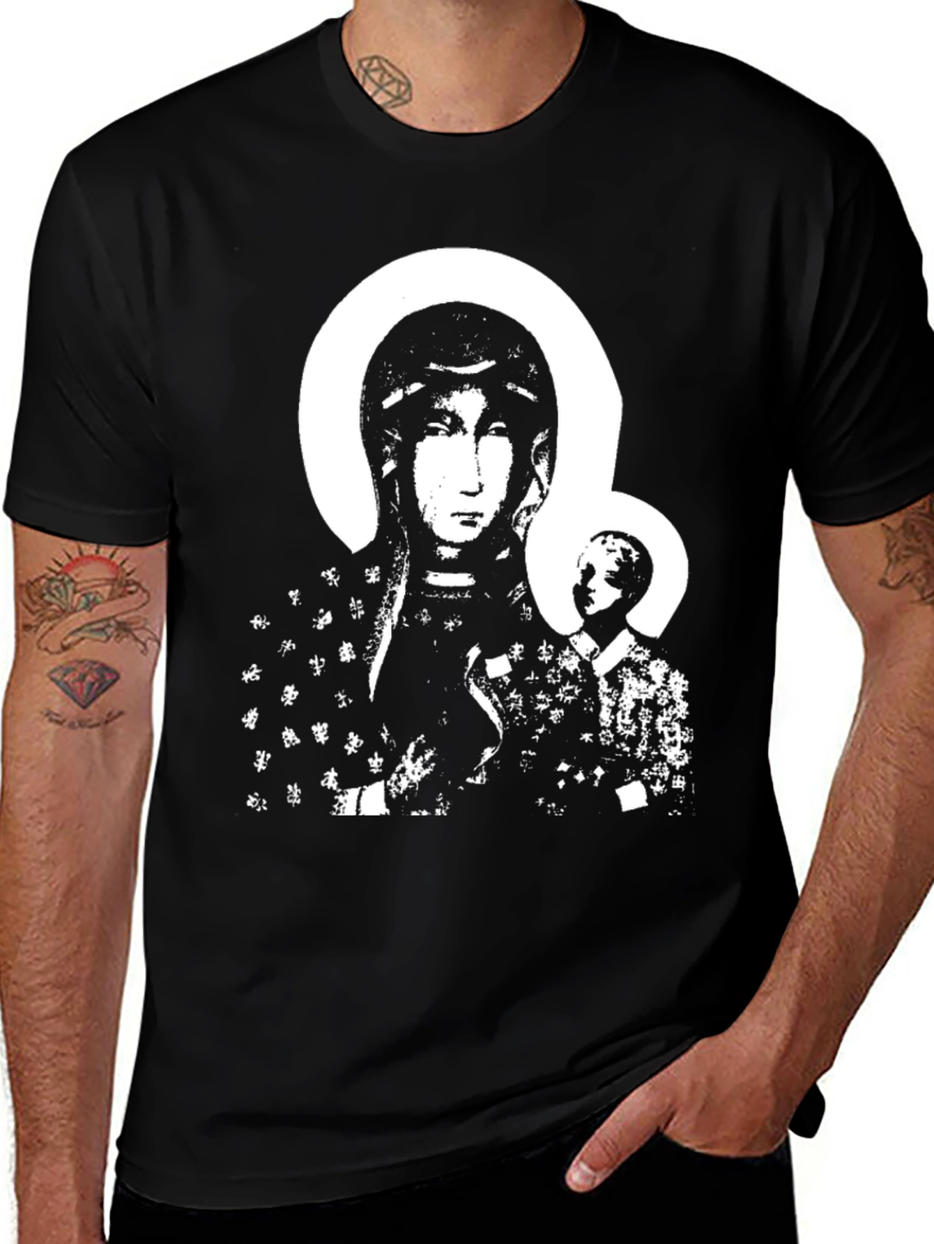 Black T-Shirt with Religious Icon Print
