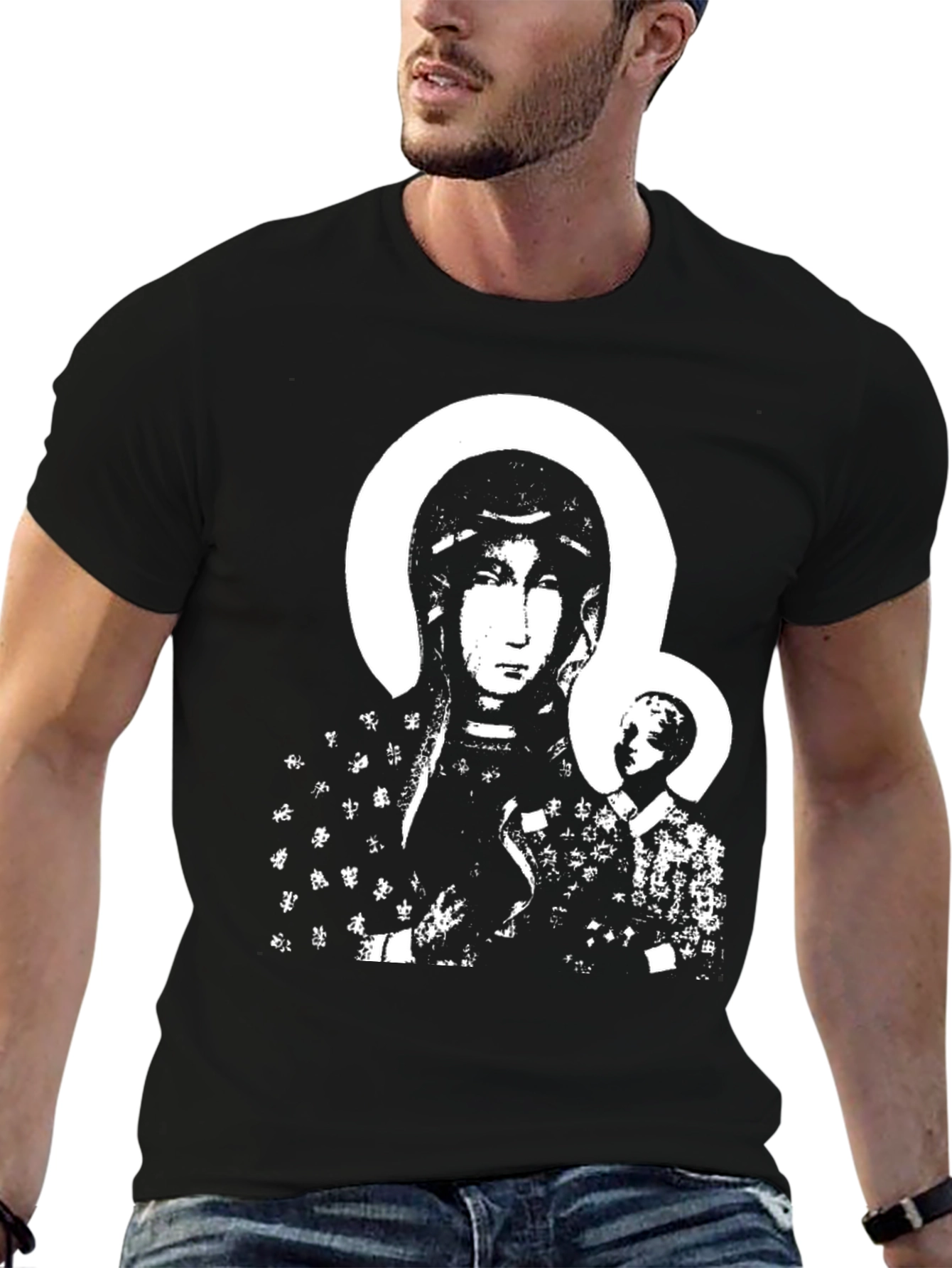 Black T-Shirt with Religious Icon Print