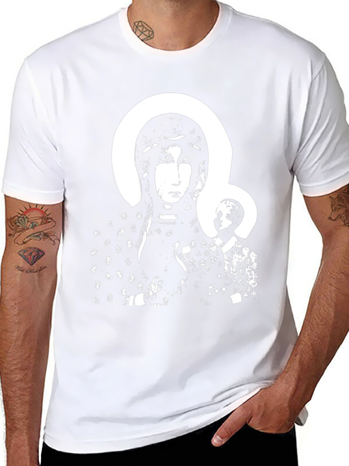 Black T-Shirt with Religious Icon Print