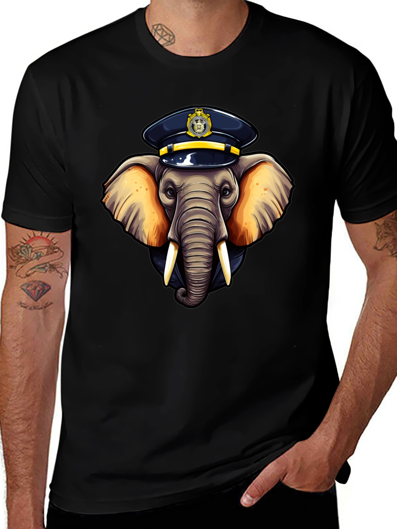 Elephant Police Hat Black T-Shirt