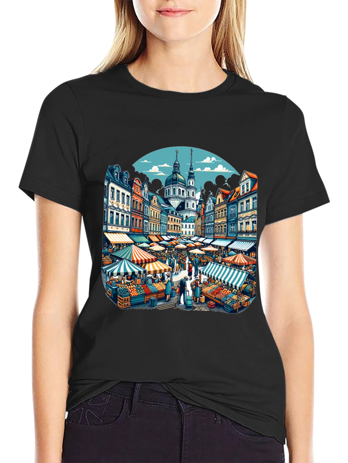 Market Scene Graphic T-Shirt