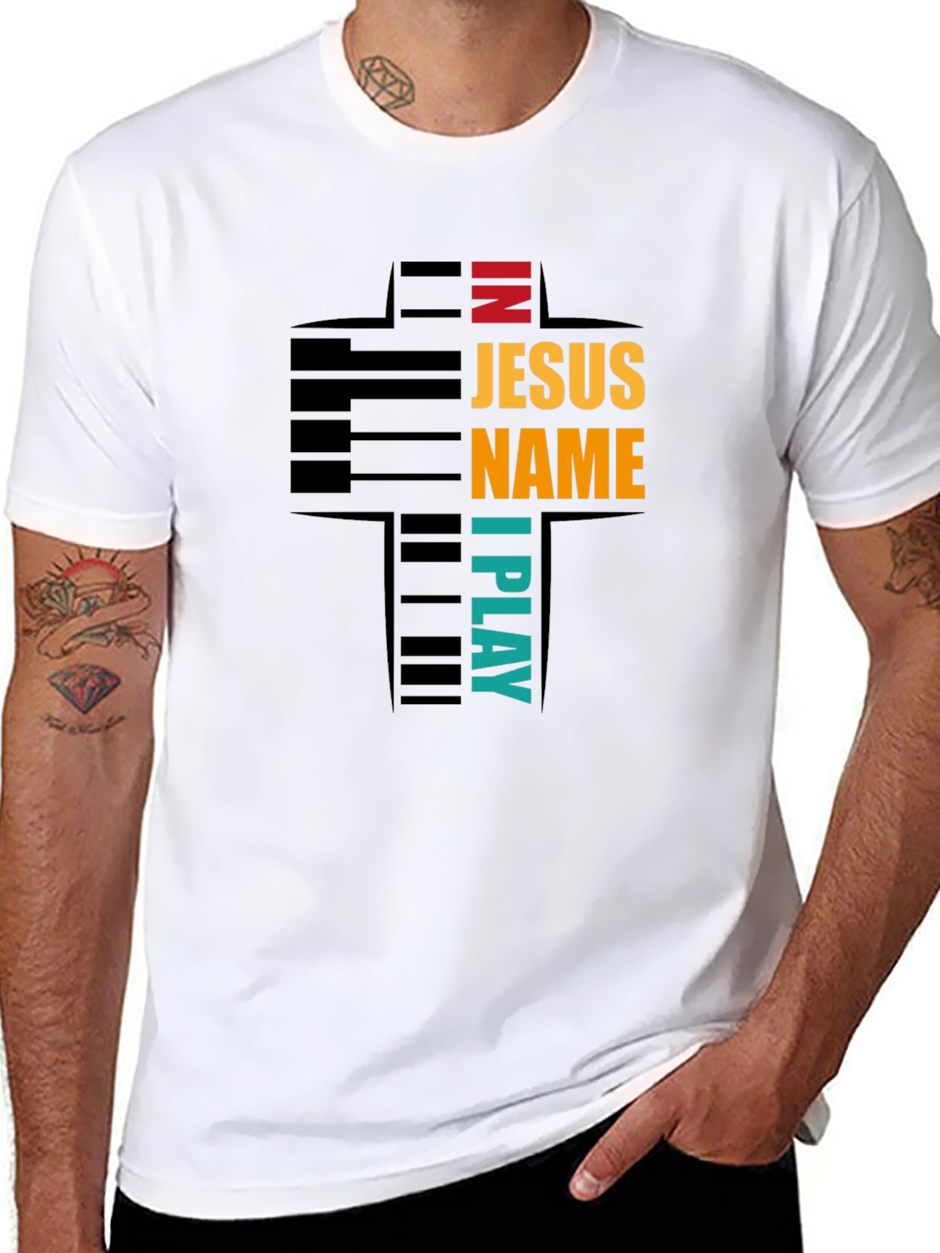 In Jesus Name I Play Piano Cross Graphic T-Shirt