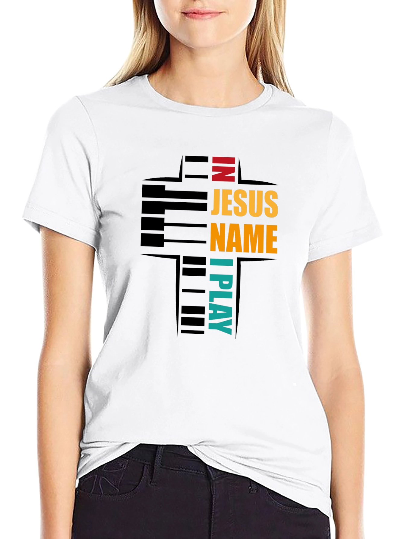 In Jesus Name I Play Piano Cross Graphic T-Shirt