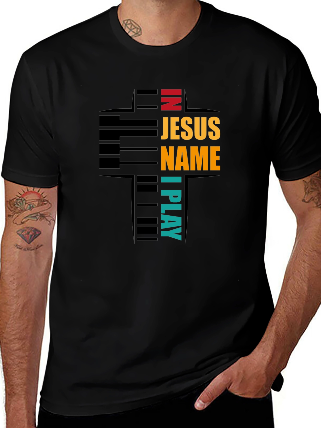 In Jesus Name I Play Piano Cross Graphic T-Shirt
