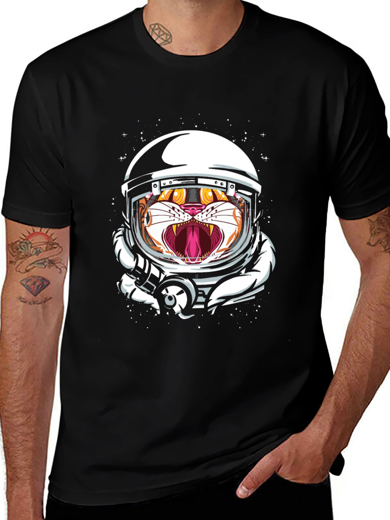 Tiger Astronaut Graphic Print Black T-Shirt