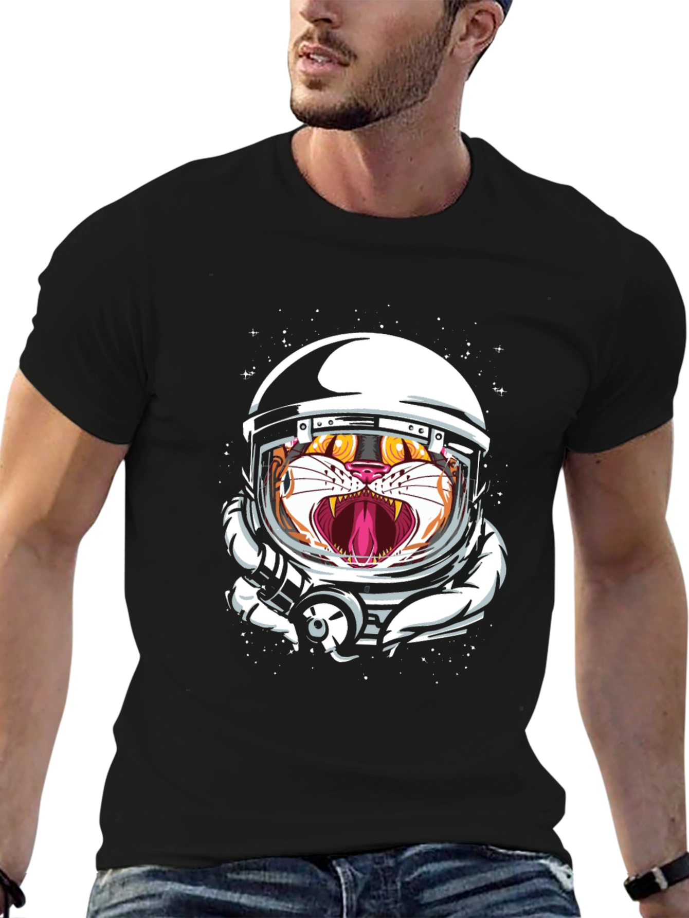 Tiger Astronaut Graphic Print Black T-Shirt