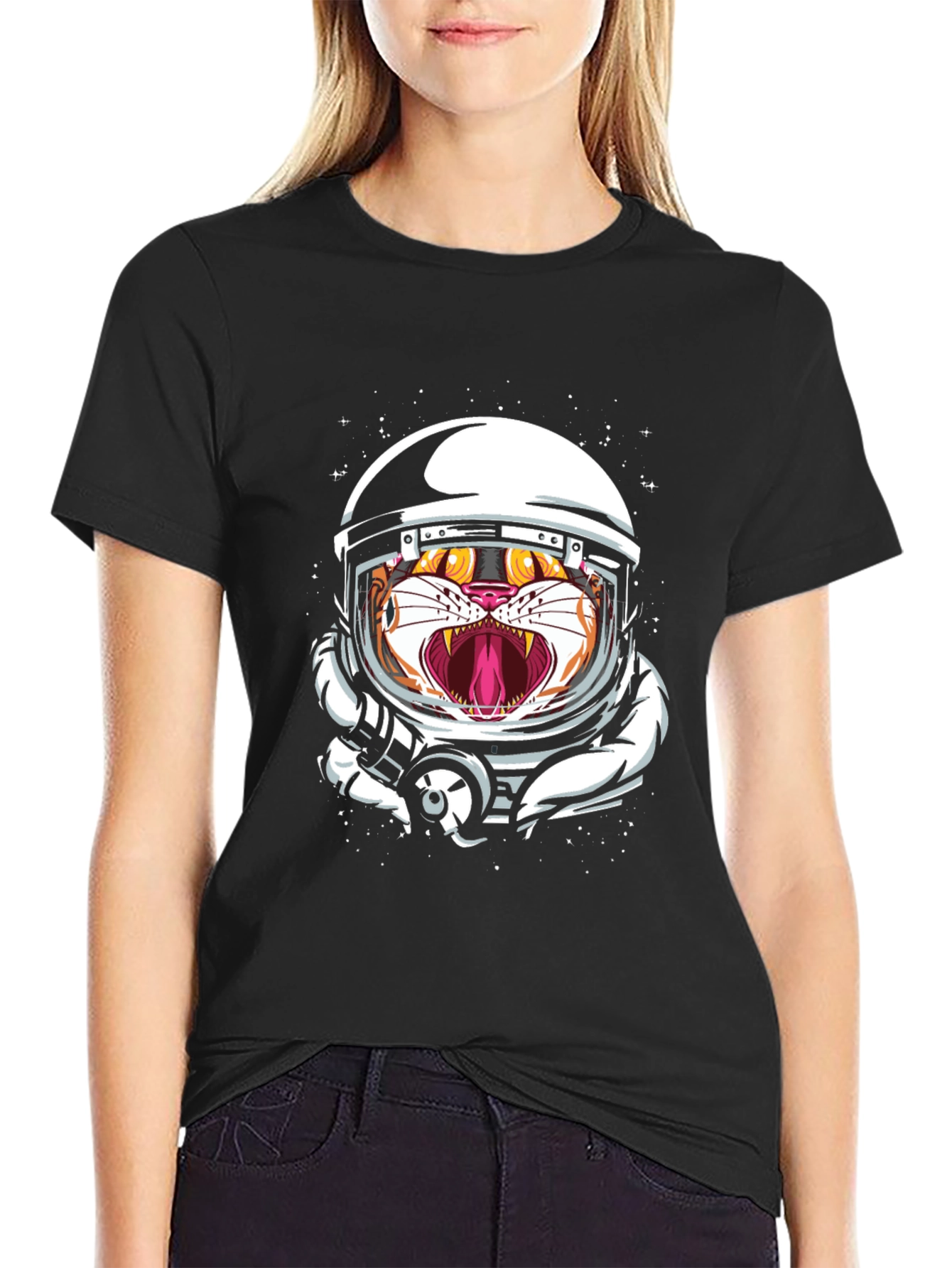 Tiger Astronaut Graphic Print Black T-Shirt