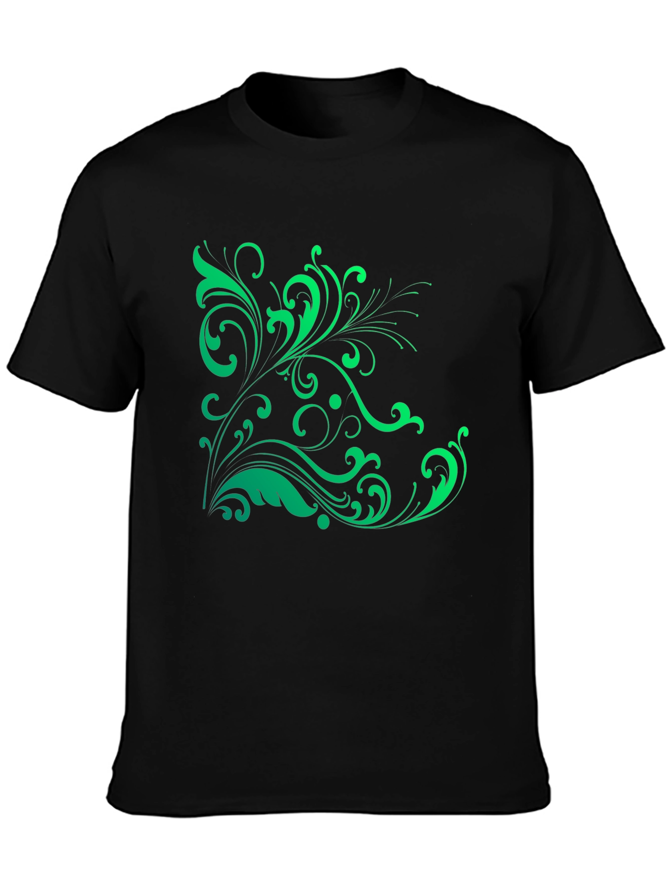 Elegant Green Floral Graphic Black T-Shirt