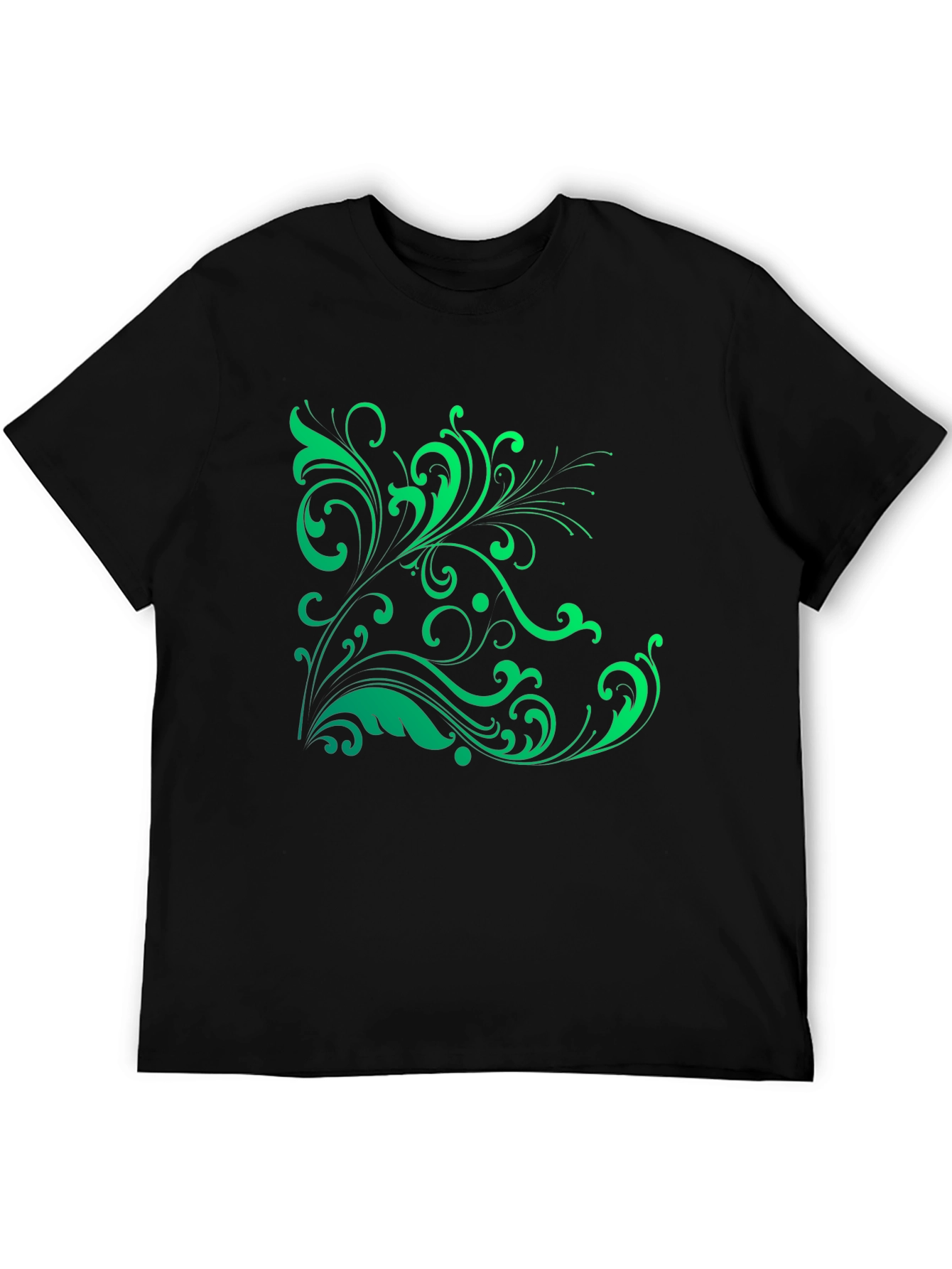 Elegant Green Floral Graphic Black T-Shirt