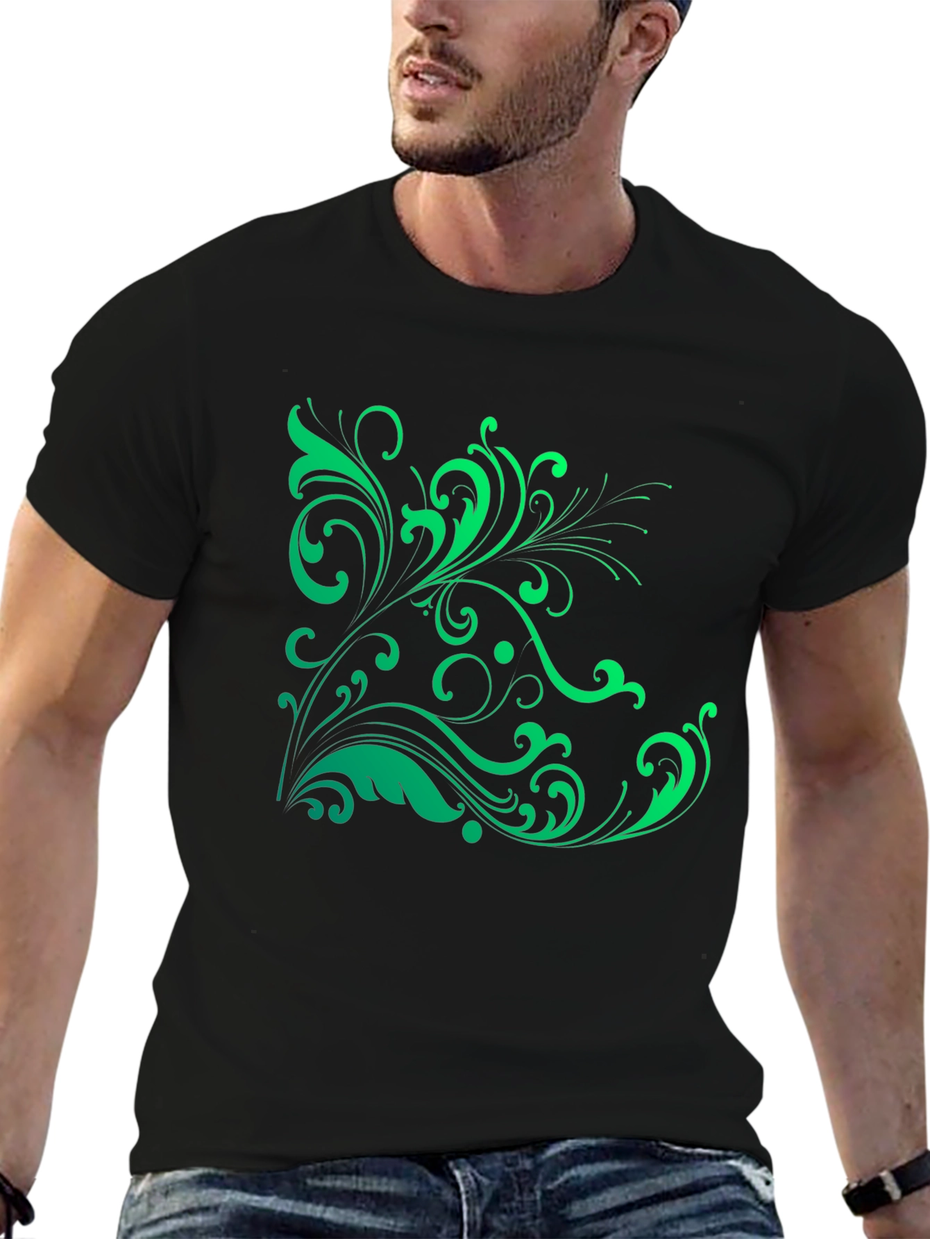 Elegant Green Floral Graphic Black T-Shirt