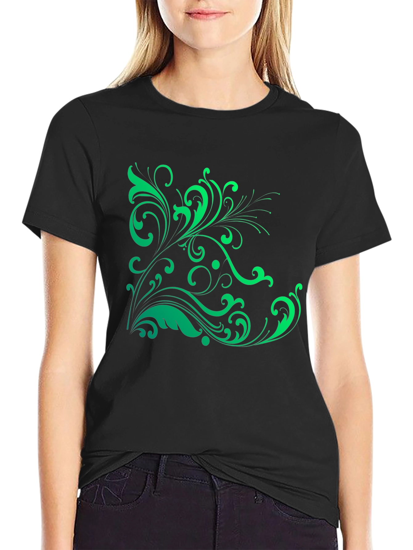 Elegant Green Floral Graphic Black T-Shirt
