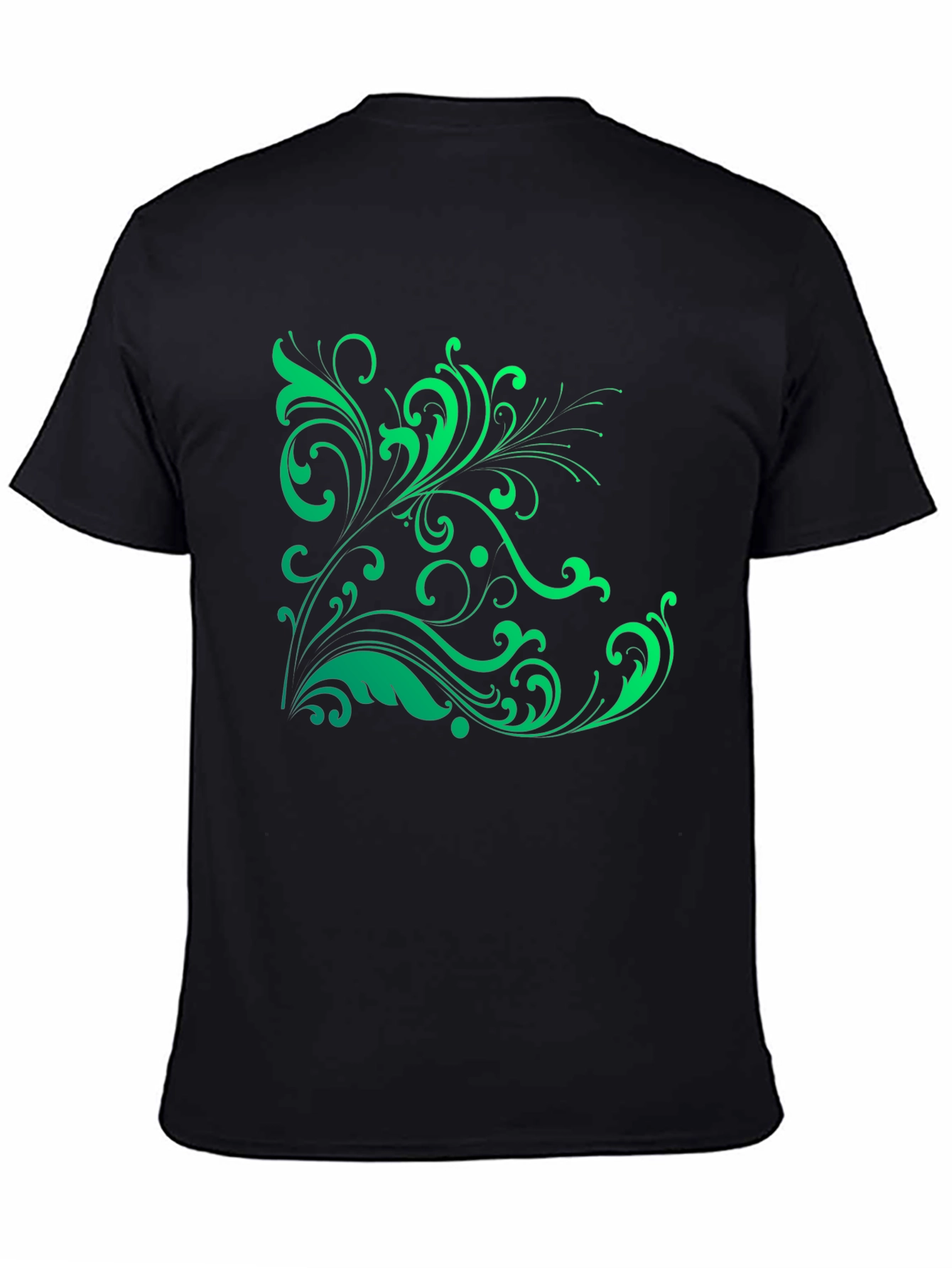 Elegant Green Floral Graphic Black T-Shirt