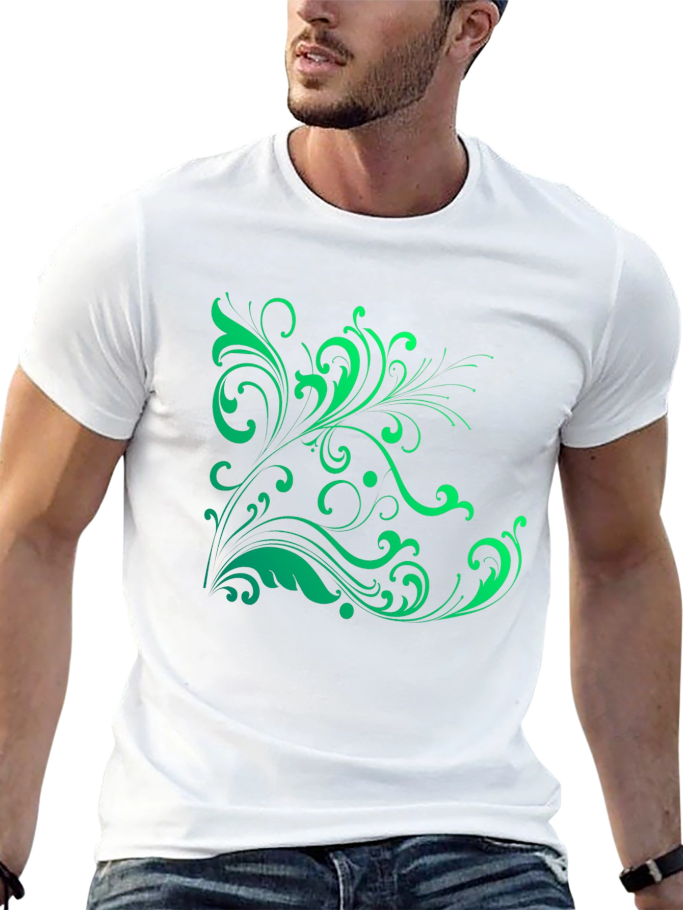 Elegant Green Floral Graphic Black T-Shirt