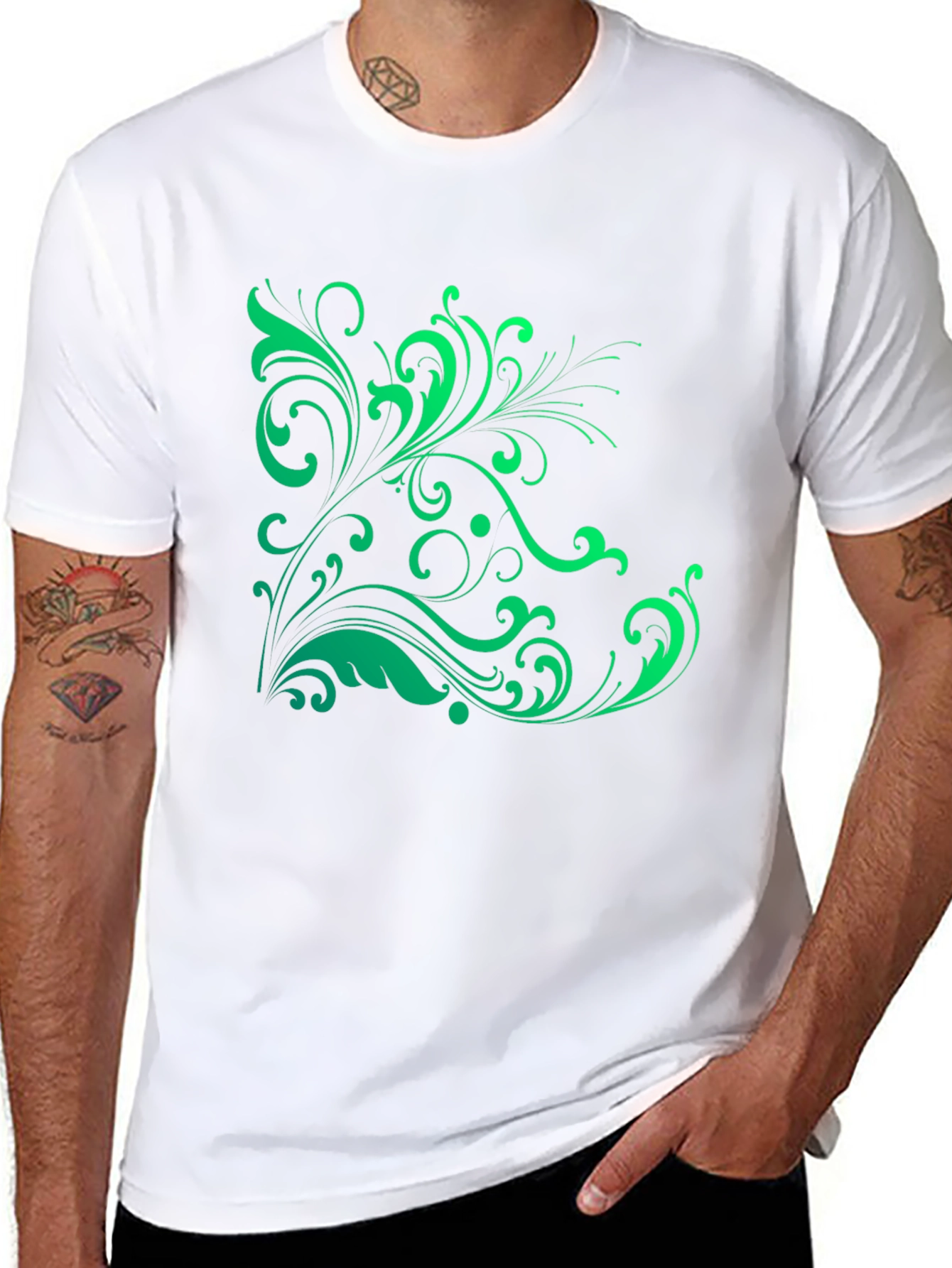 Elegant Green Floral Graphic Black T-Shirt