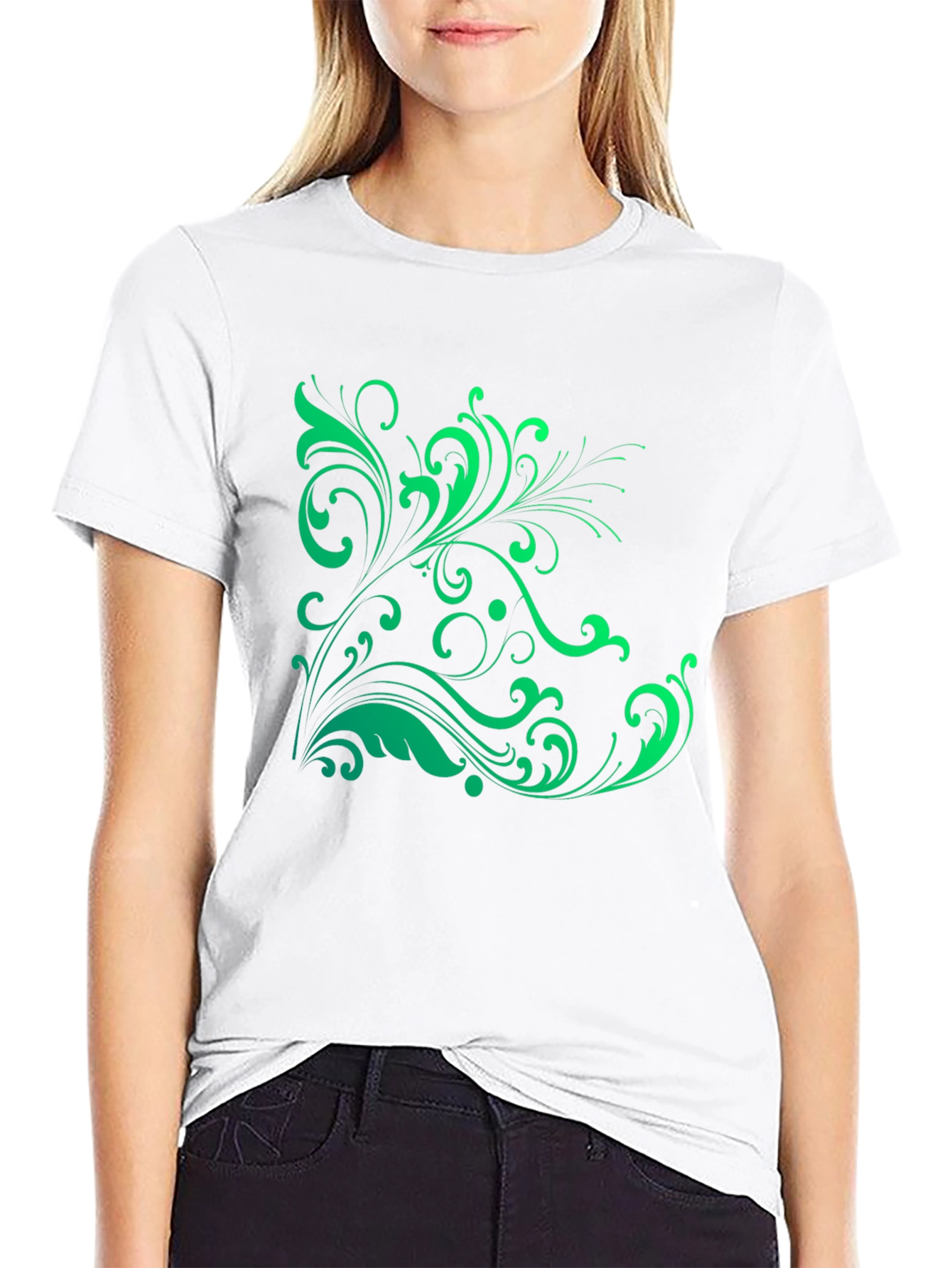 Elegant Green Floral Graphic Black T-Shirt