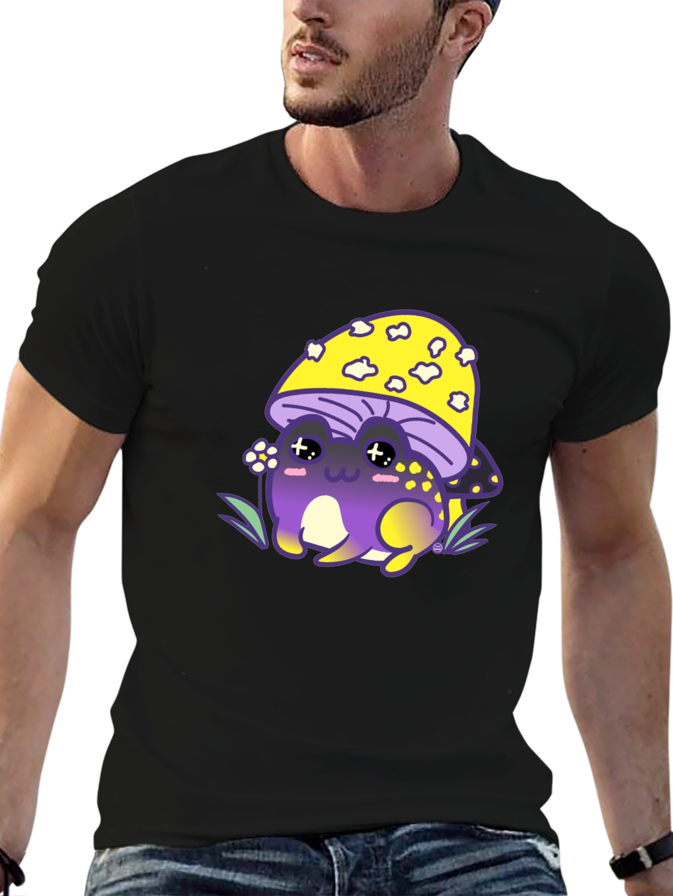 Mushroom Frog Graphic Tee - Black Cotton Blend
