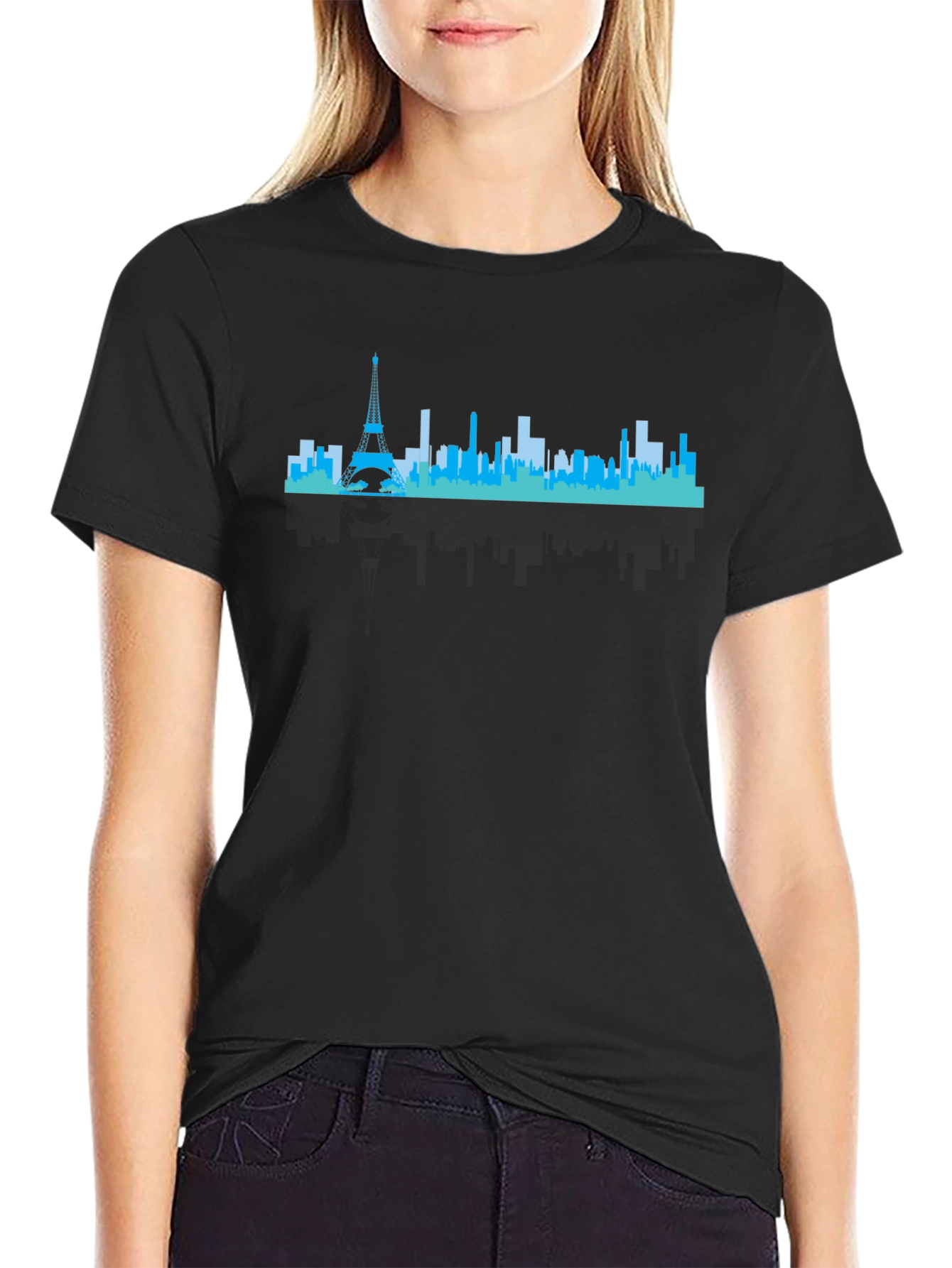 Paris Skyline Graphic Tee - Black Crew Neck Shirt