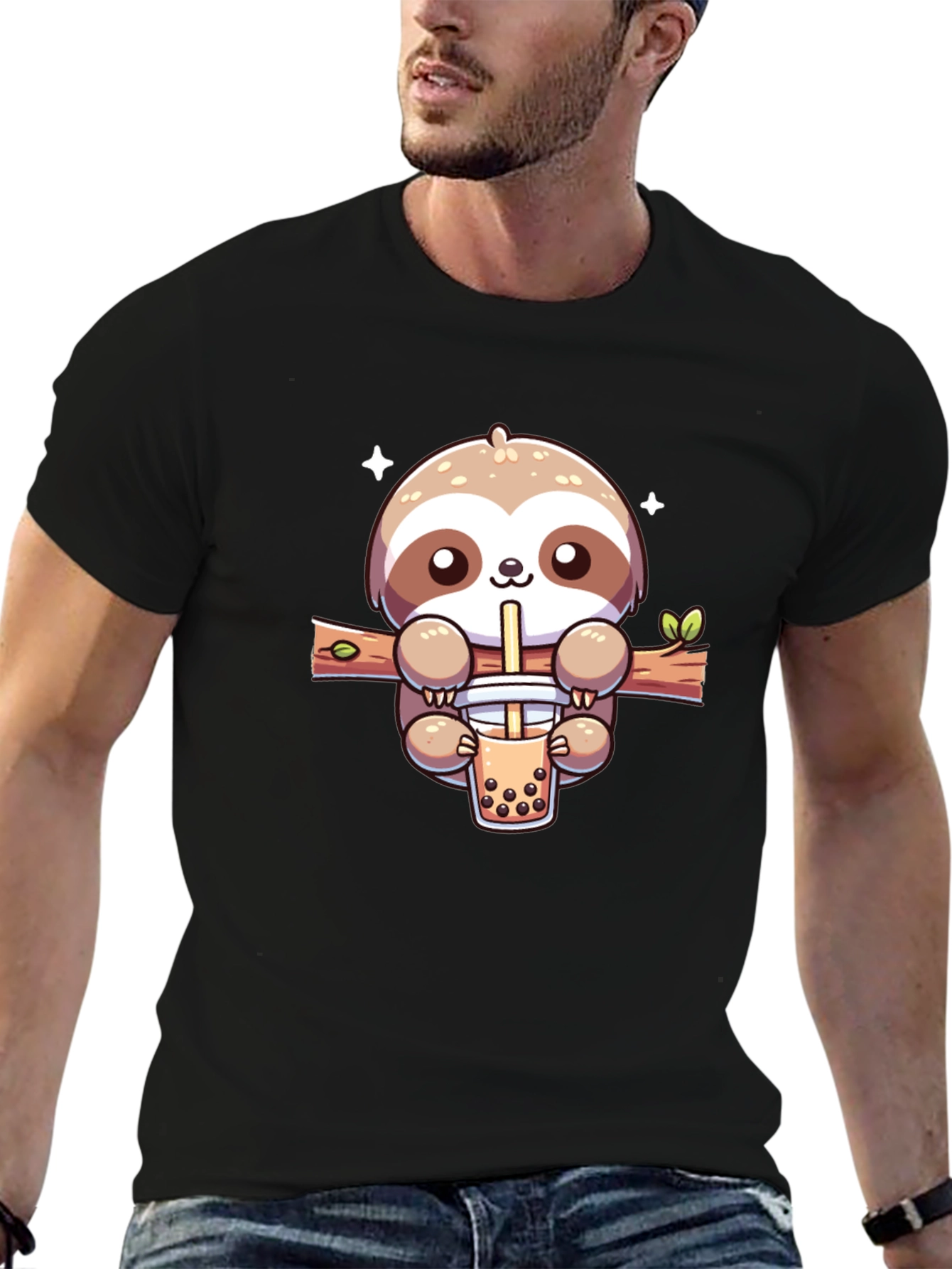 Sloth Bubble Tea Graphic T-Shirt - Casual Black Tee