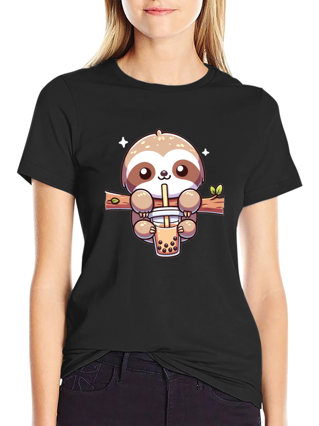 Sloth Bubble Tea Graphic T-Shirt - Casual Black Tee