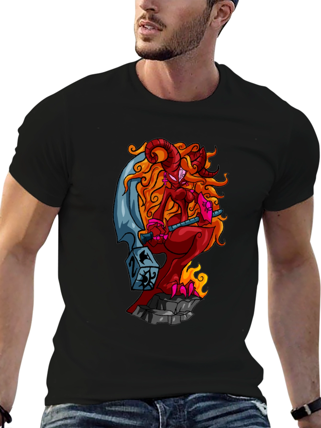 Fiery Demon Girl Graphic Tee - Black