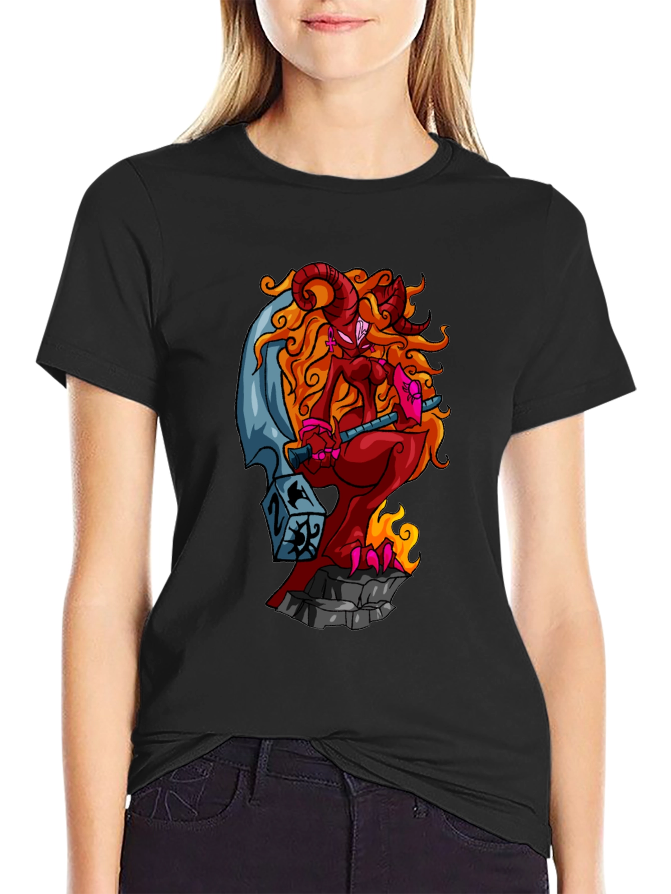 Fiery Demon Girl Graphic Tee - Black