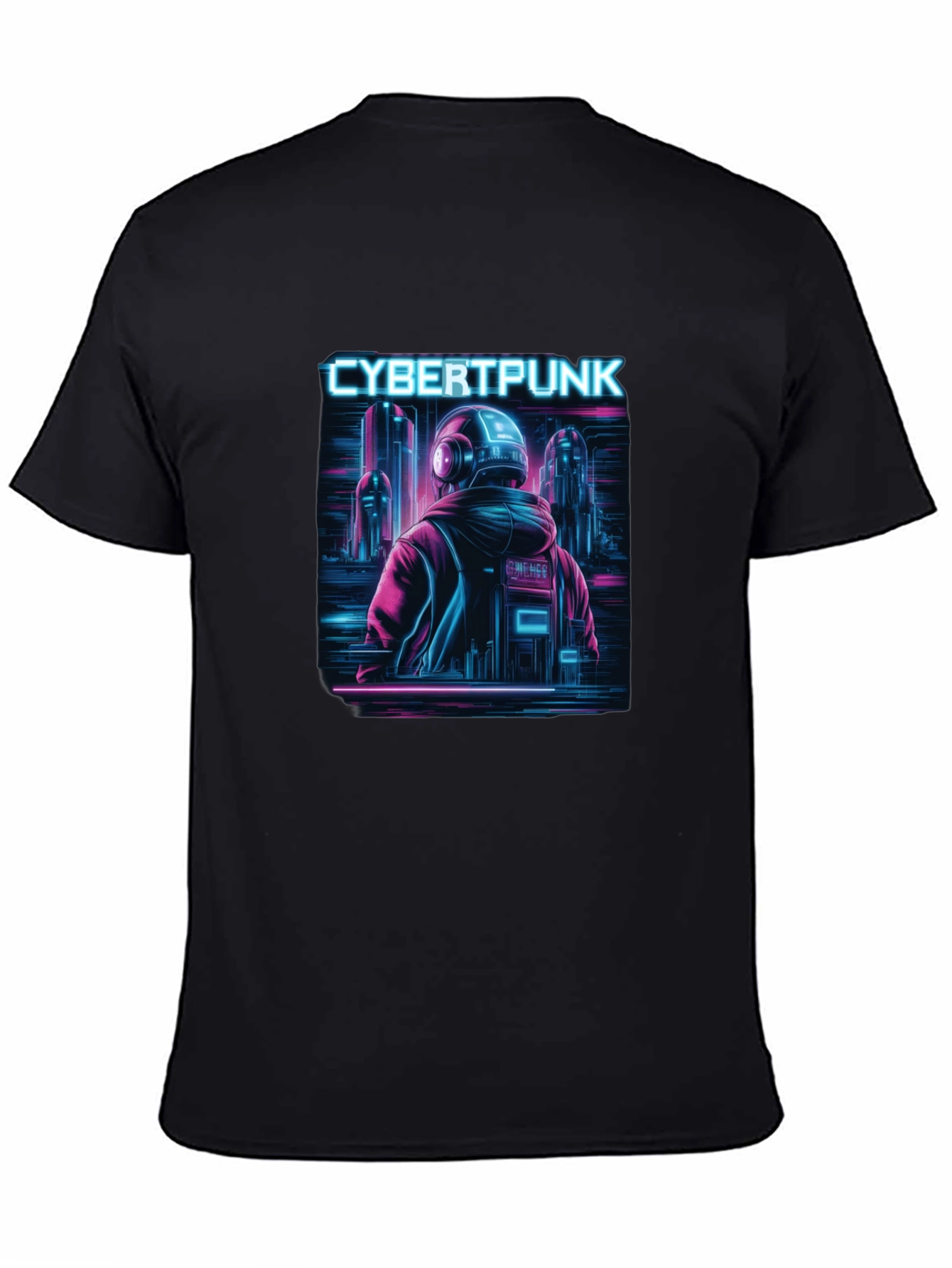Cyberpunk Neon City Graphic Black T-Shirt