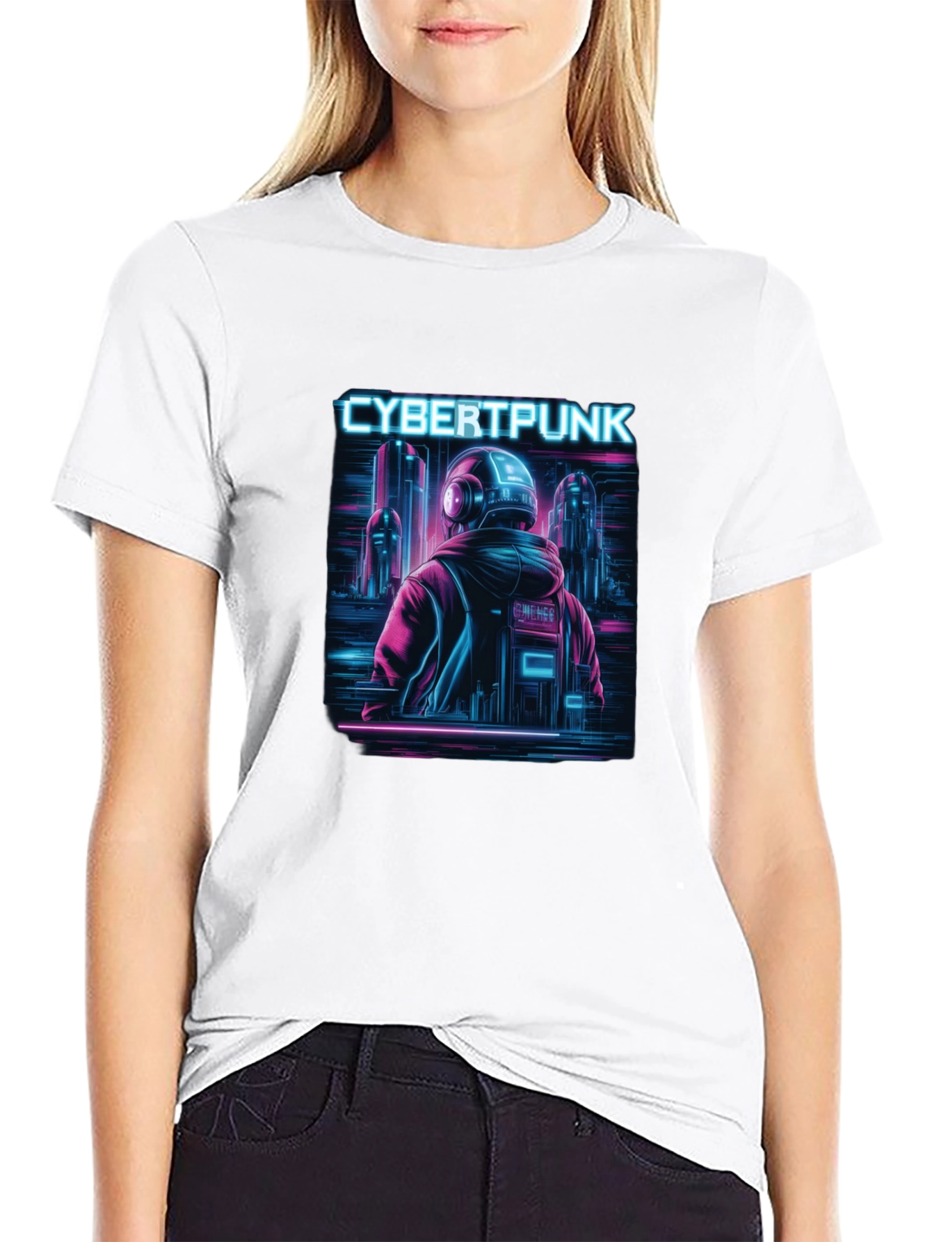 Cyberpunk Neon City Graphic Black T-Shirt