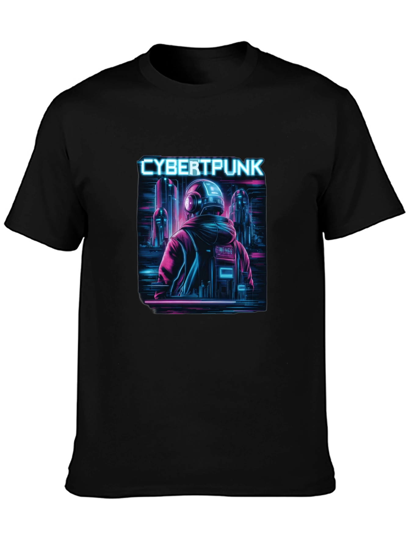 Cyberpunk Neon City Graphic Black T-Shirt