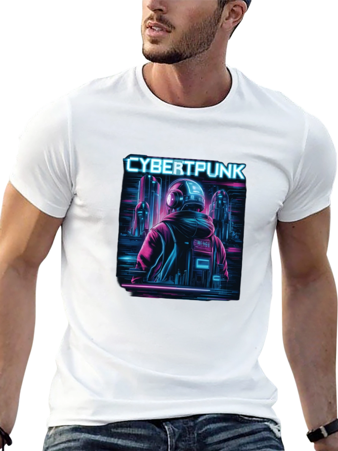 Cyberpunk Neon City Graphic Black T-Shirt