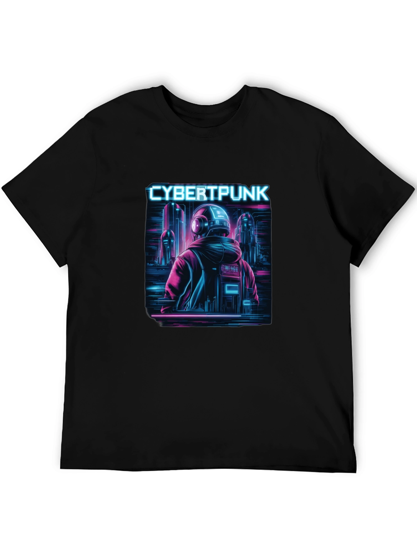 Cyberpunk Neon City Graphic Black T-Shirt