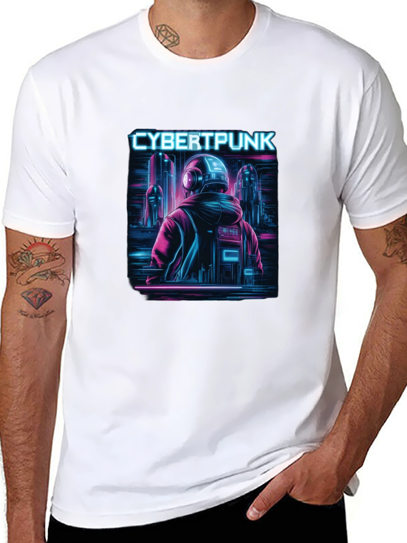 Cyberpunk Neon City Graphic Black T-Shirt