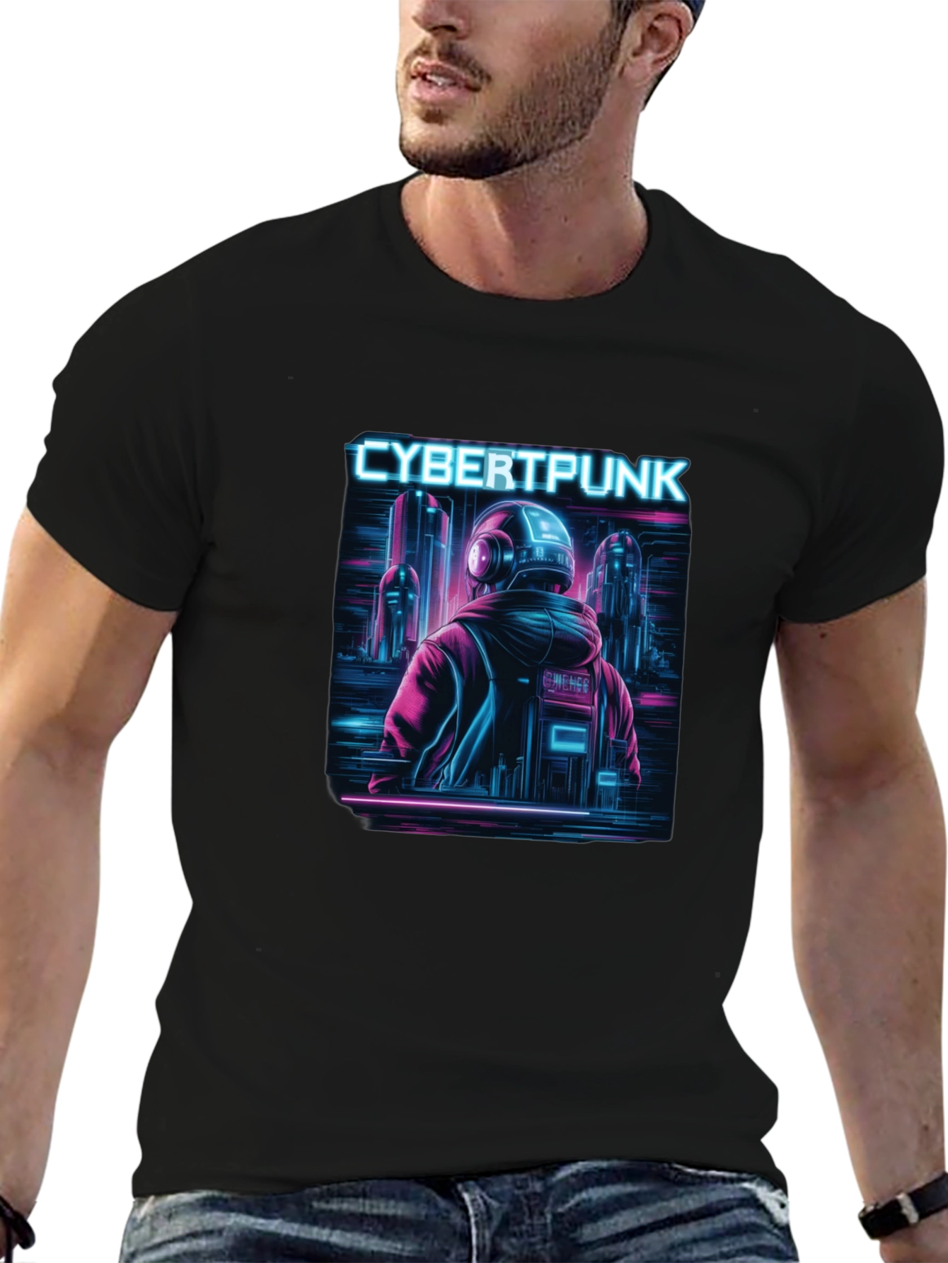 Cyberpunk Neon City Graphic Black T-Shirt