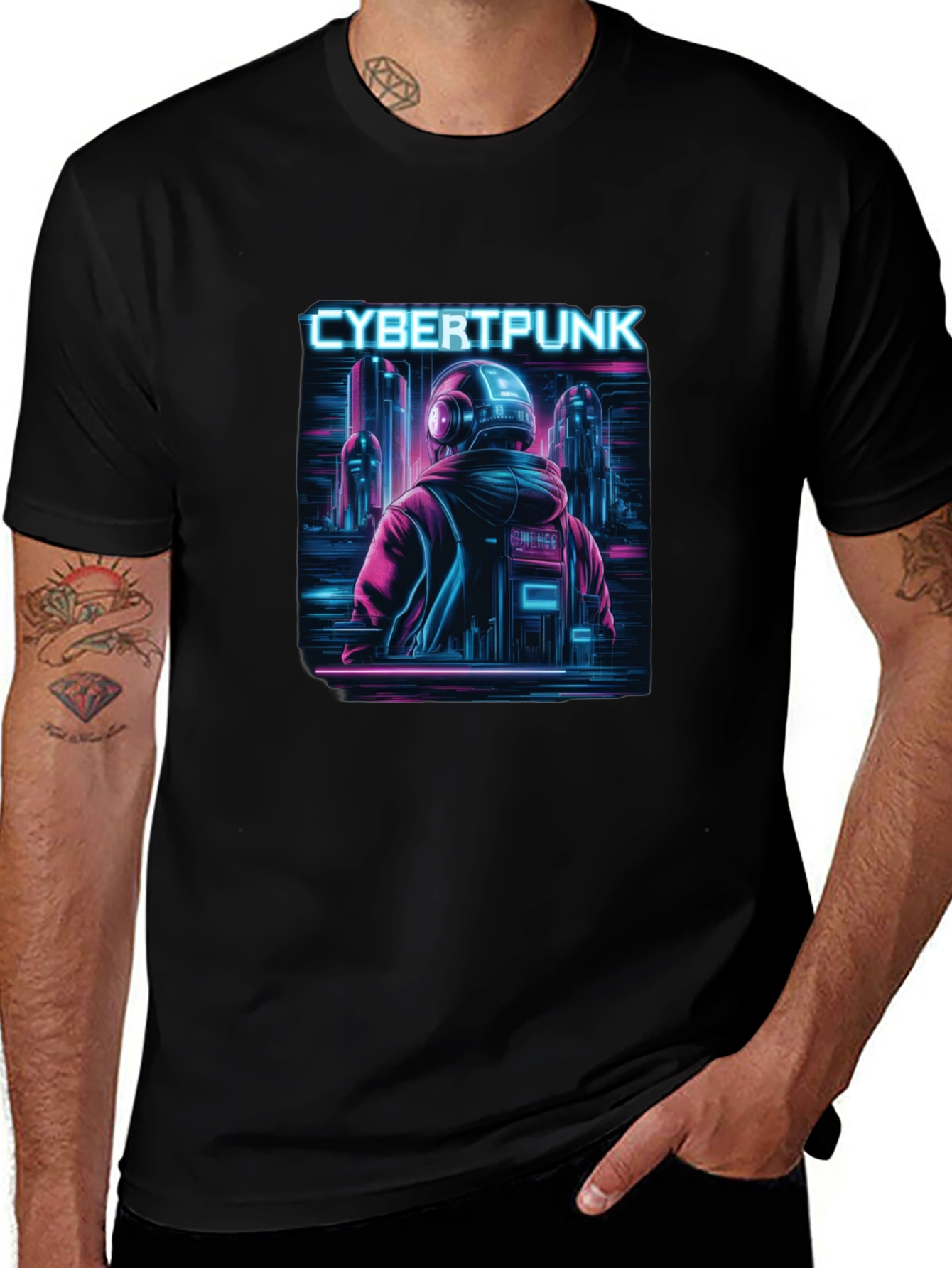 Cyberpunk Neon City Graphic Black T-Shirt