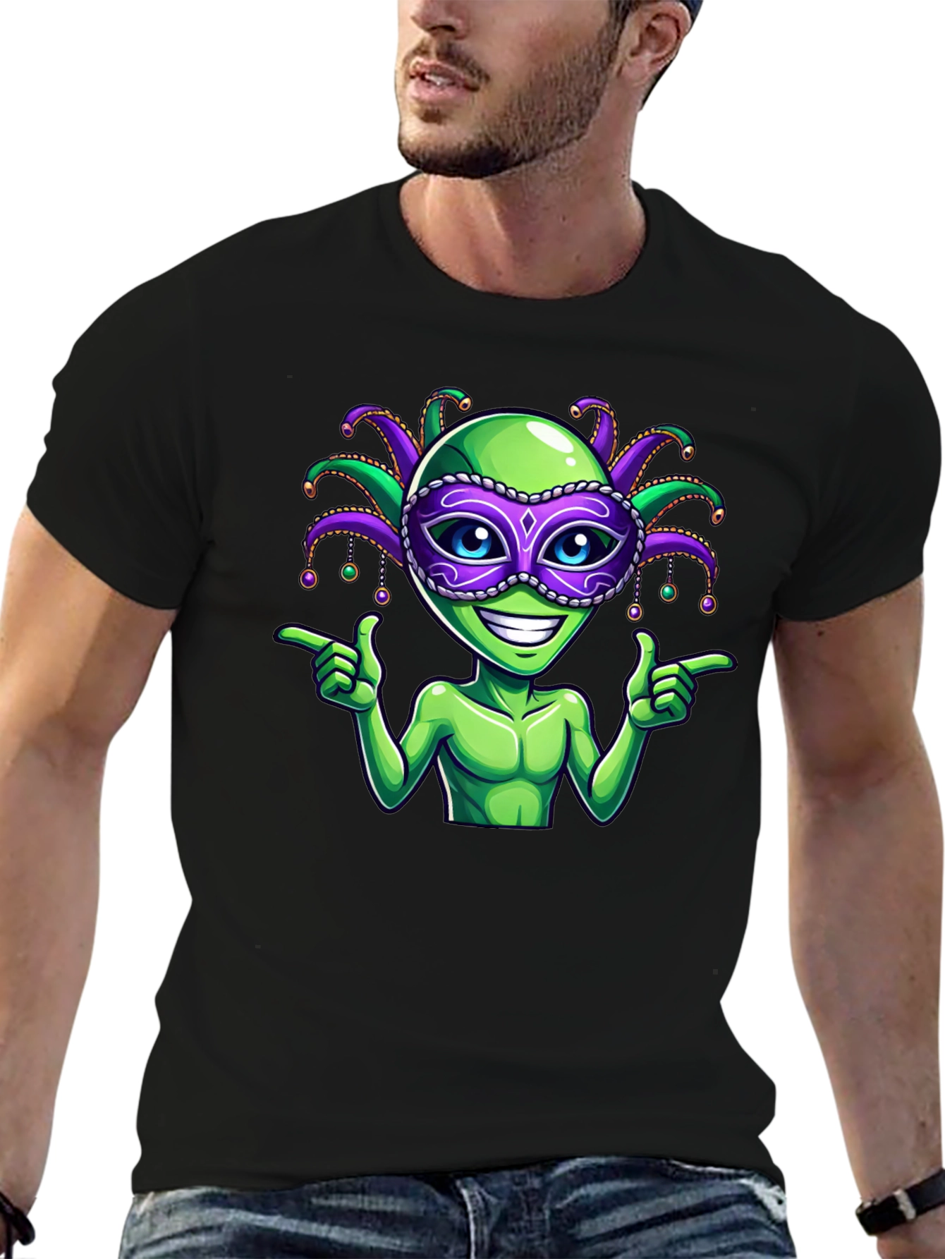 Alien Mardi Gras Mask T-Shirt - Fun Party Tee