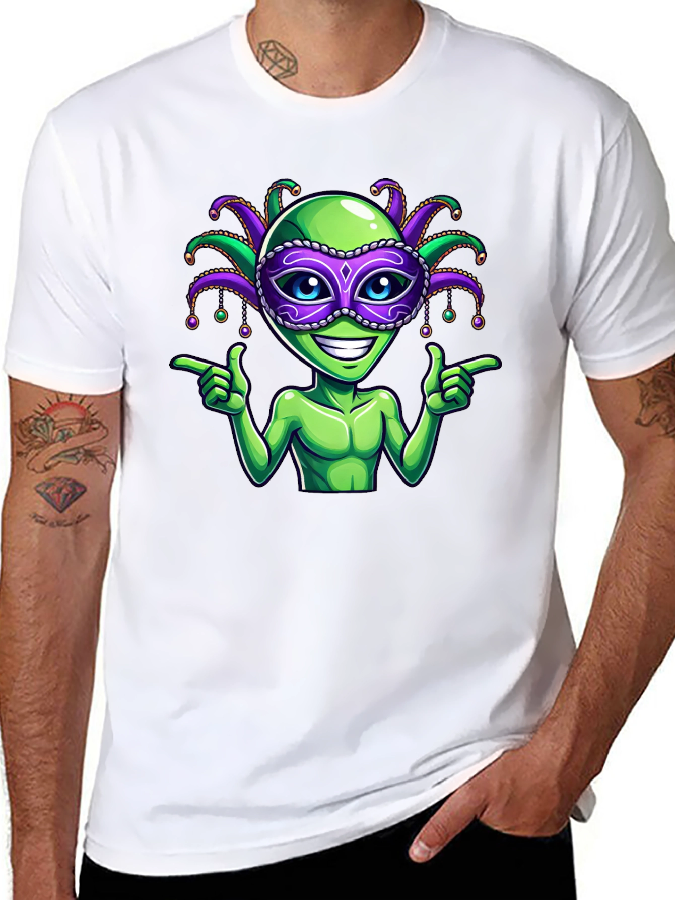 Alien Mardi Gras Mask T-Shirt - Fun Party Tee