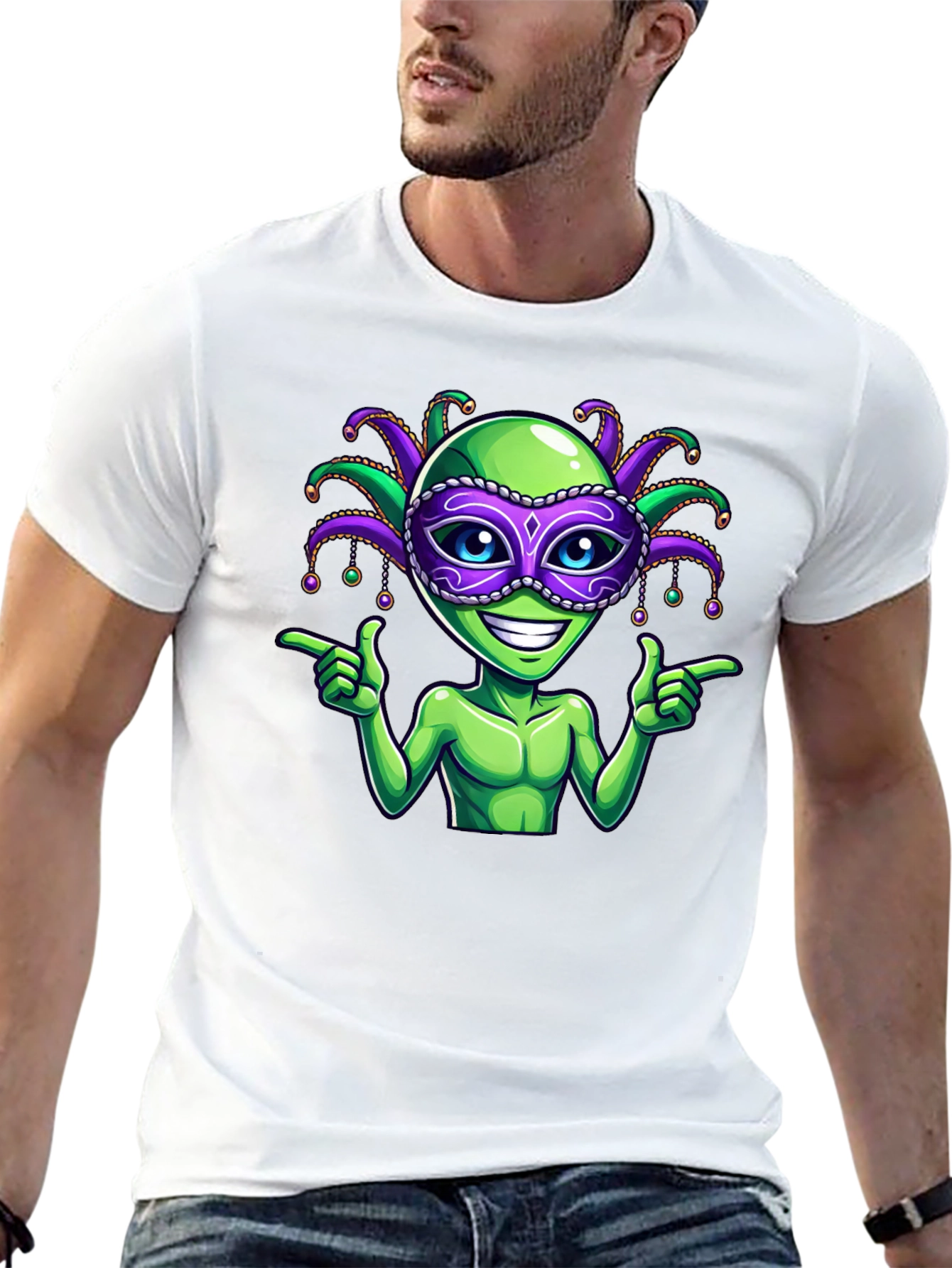 Alien Mardi Gras Mask T-Shirt - Fun Party Tee