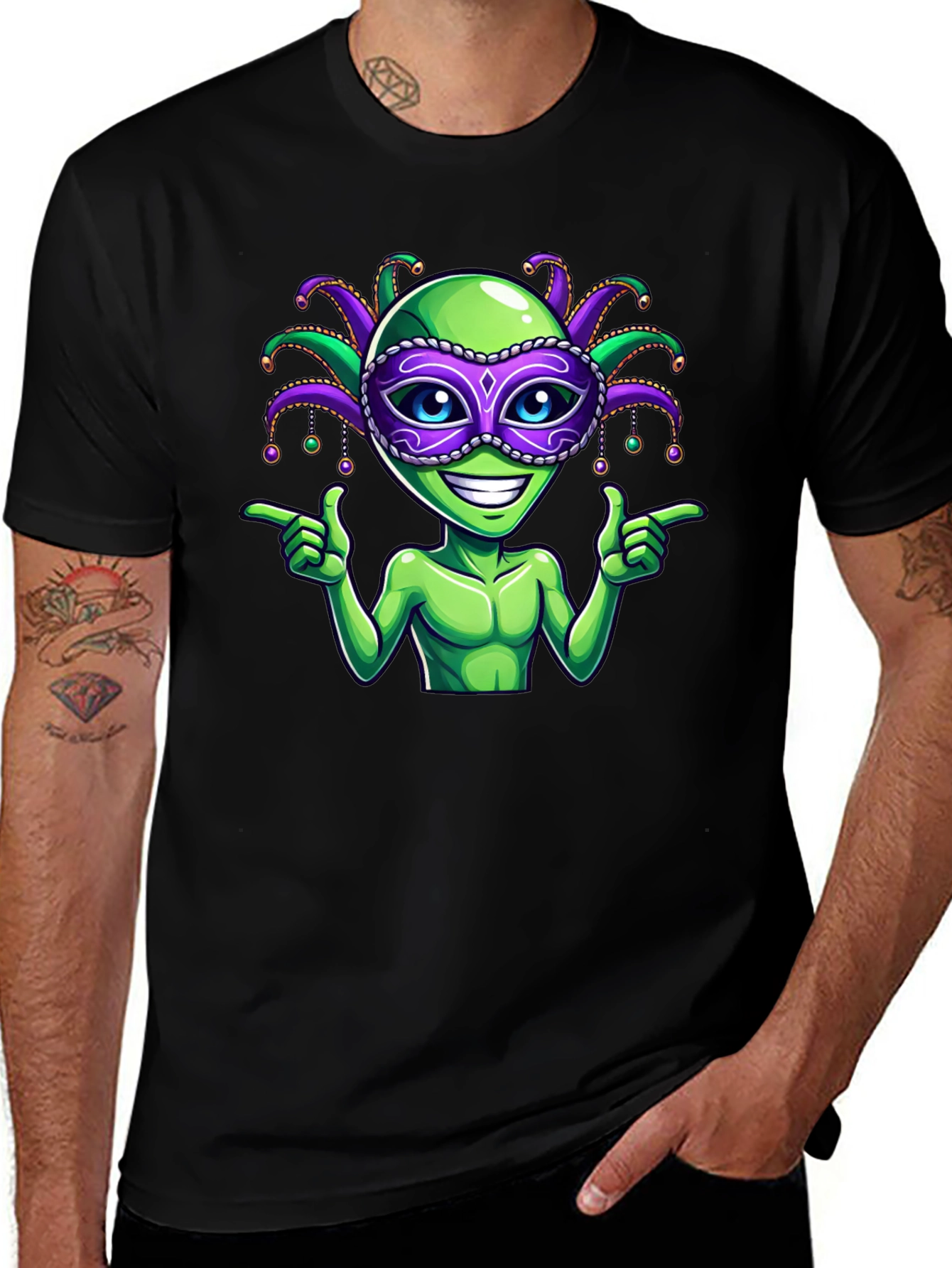 Alien Mardi Gras Mask T-Shirt - Fun Party Tee
