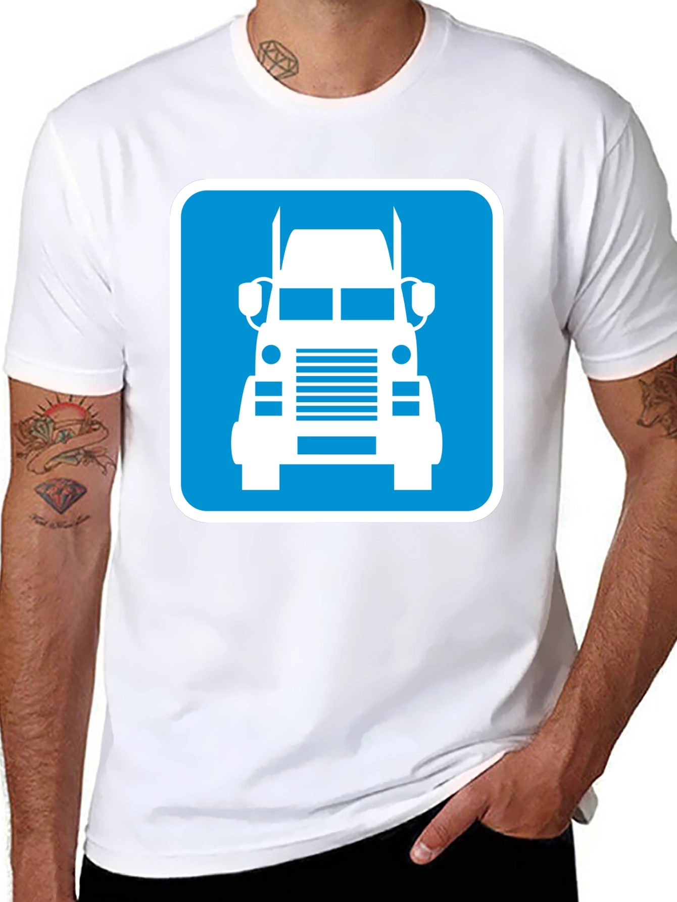 Trucker Tee: Blue Semi-Truck Graphic Print T-Shirt