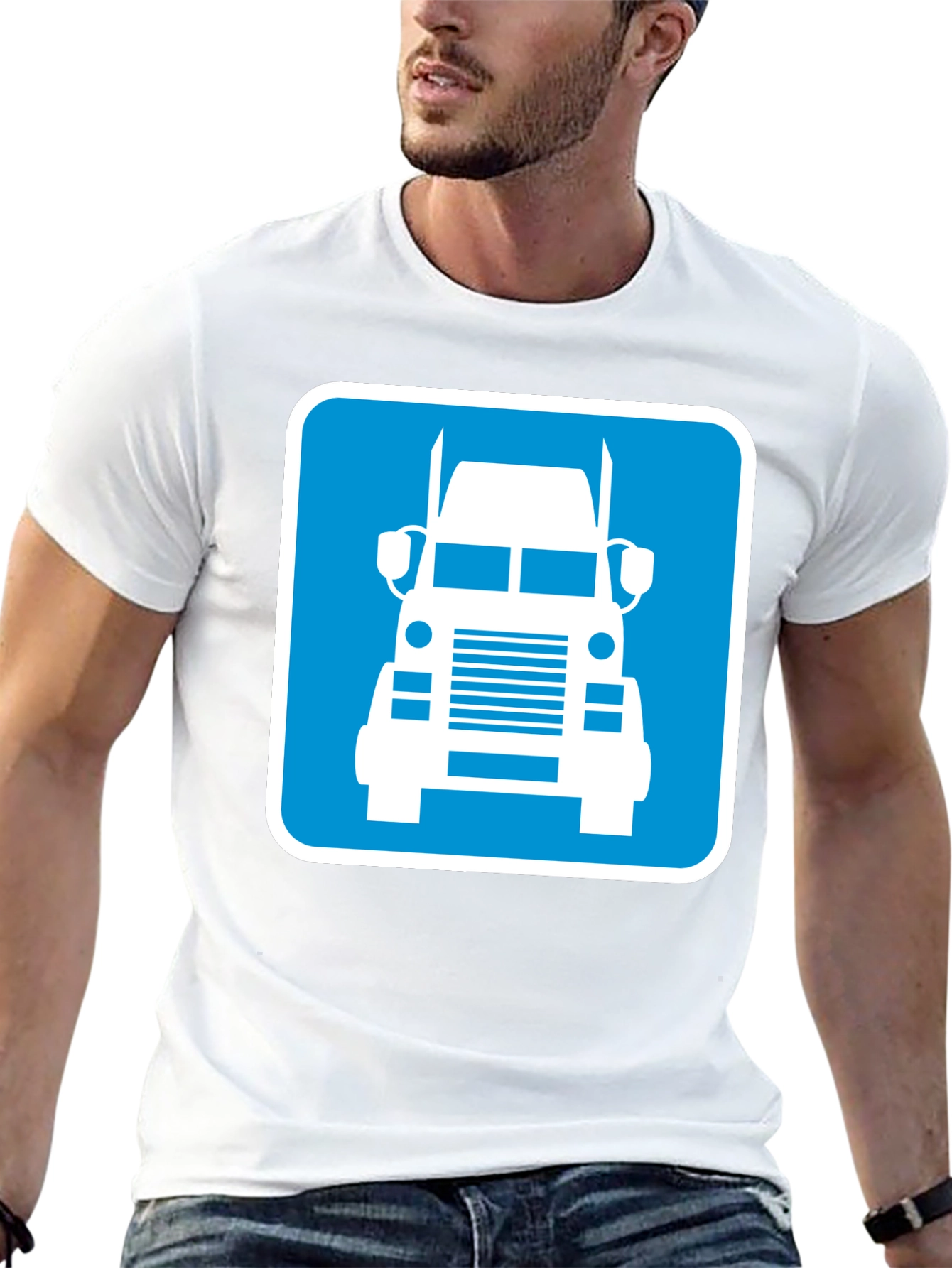 Trucker Tee: Blue Semi-Truck Graphic Print T-Shirt
