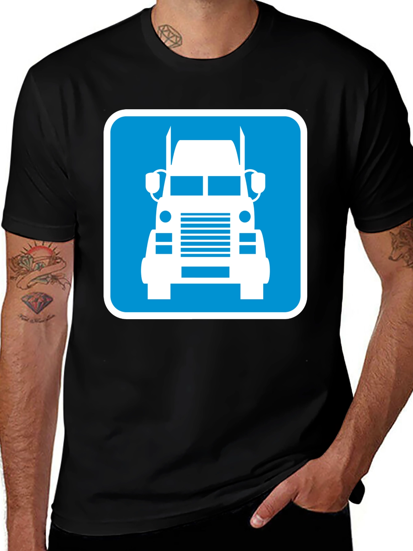 Trucker Tee: Blue Semi-Truck Graphic Print T-Shirt