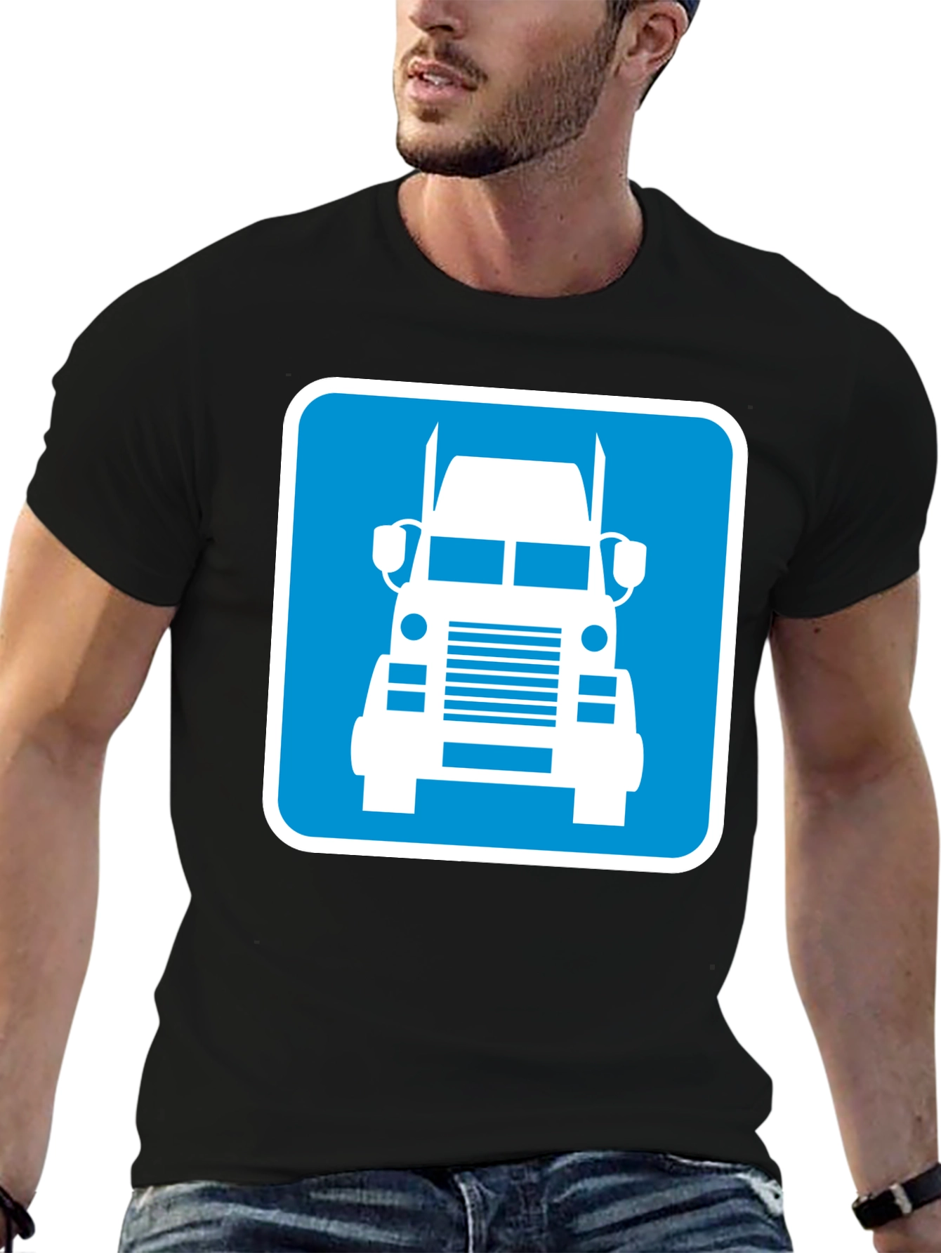Trucker Tee: Blue Semi-Truck Graphic Print T-Shirt