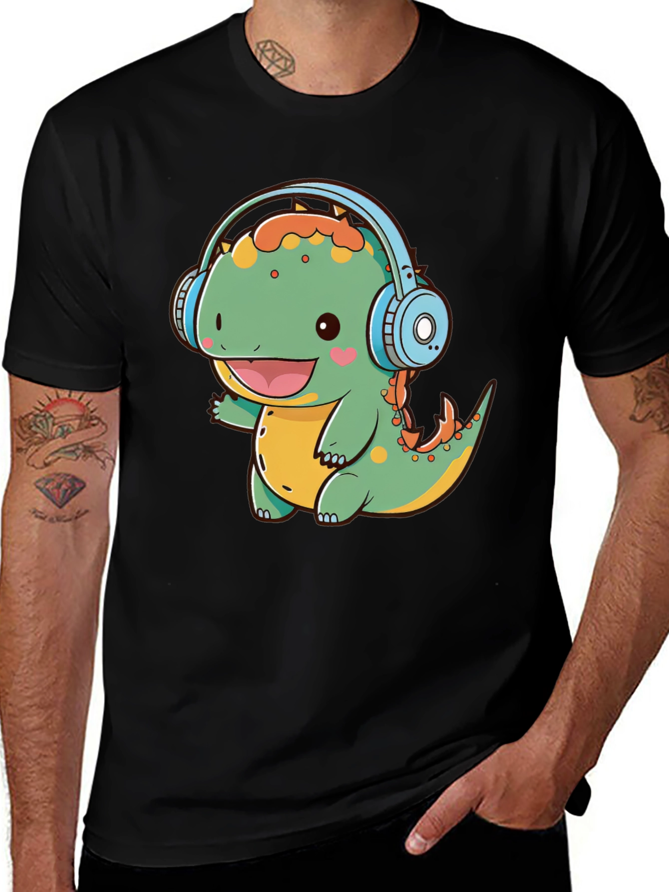 Cute Dinosaur Headphones Graphic Tee - Fun Black T-Shirt