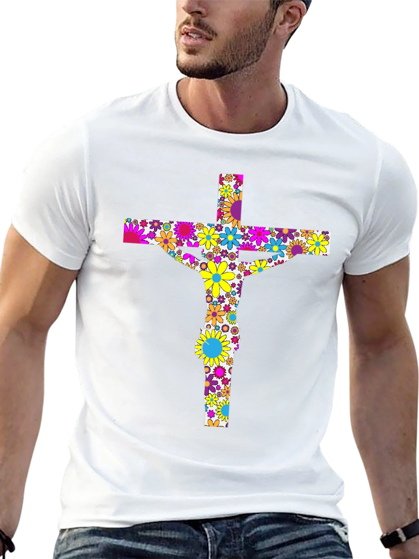 Floral Jesus on Cross Black T-Shirt