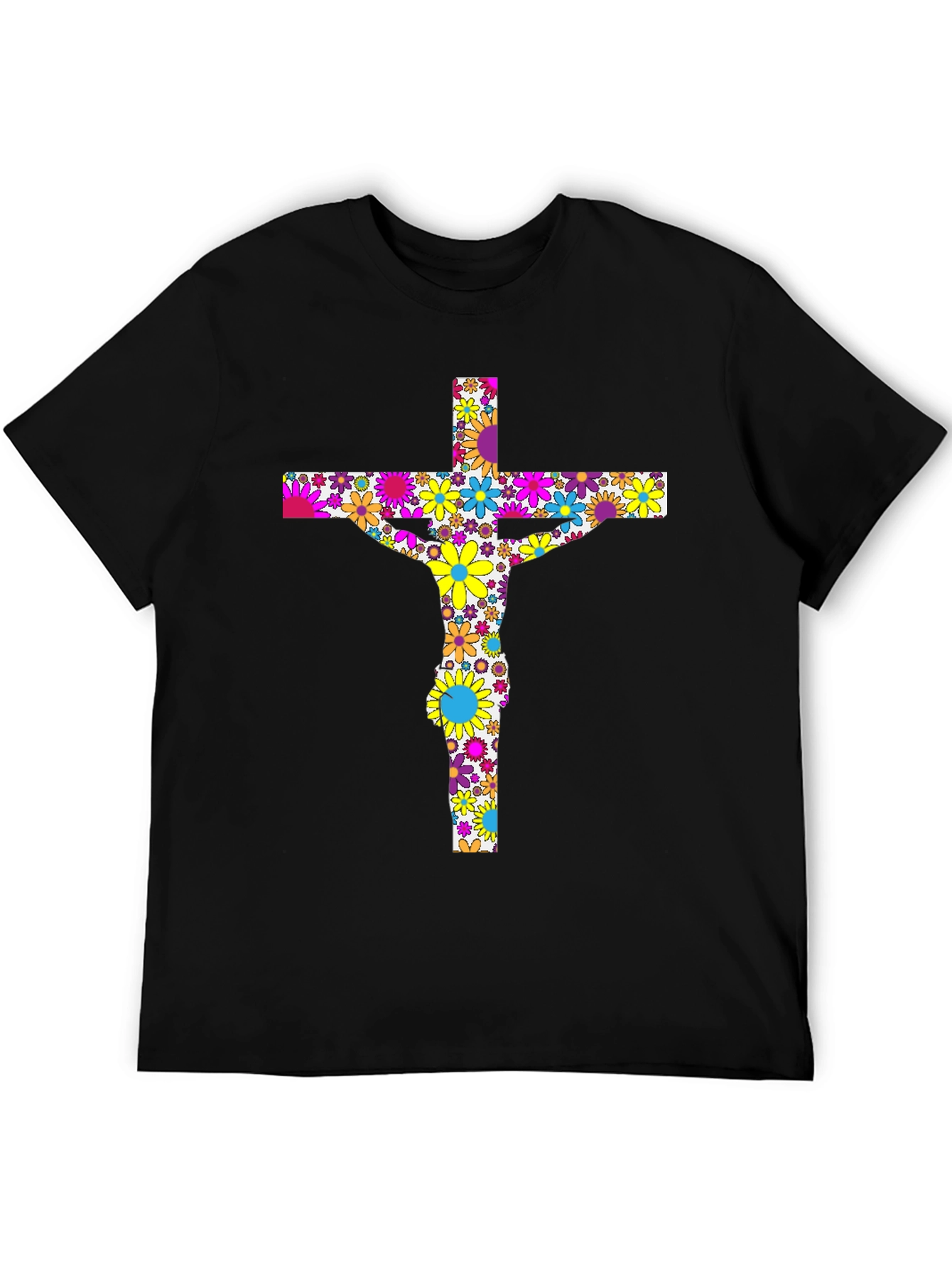 Floral Jesus on Cross Black T-Shirt