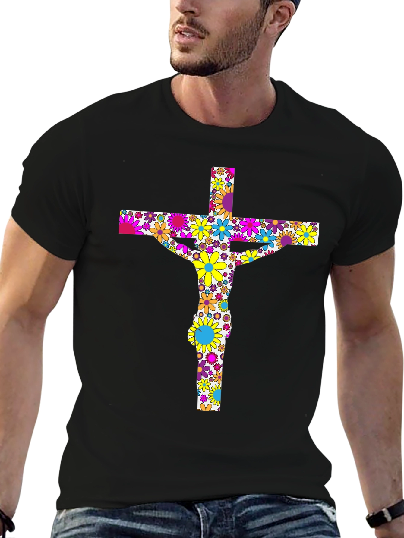 Floral Jesus on Cross Black T-Shirt