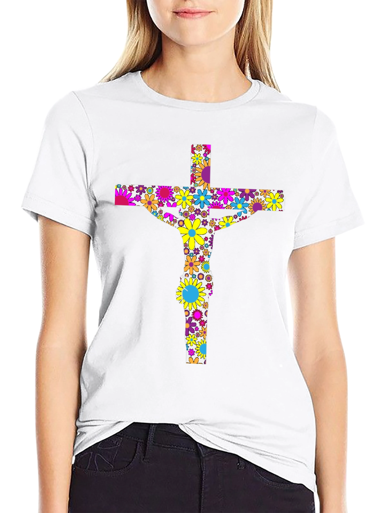 Floral Jesus on Cross Black T-Shirt