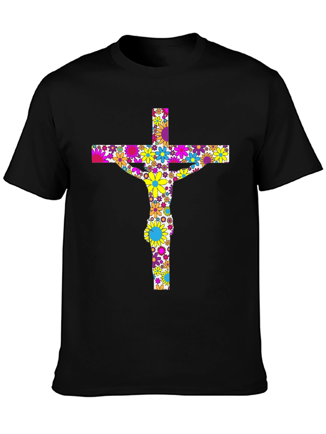 Floral Jesus on Cross Black T-Shirt