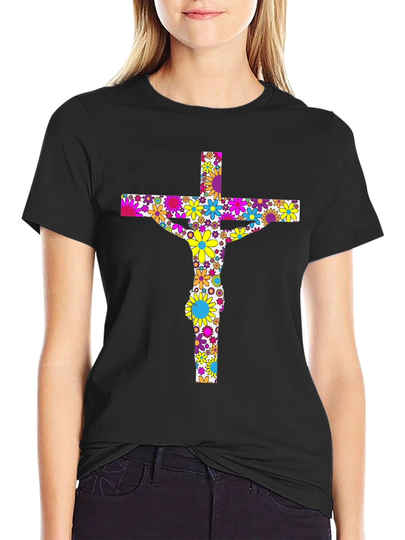 Floral Jesus on Cross Black T-Shirt